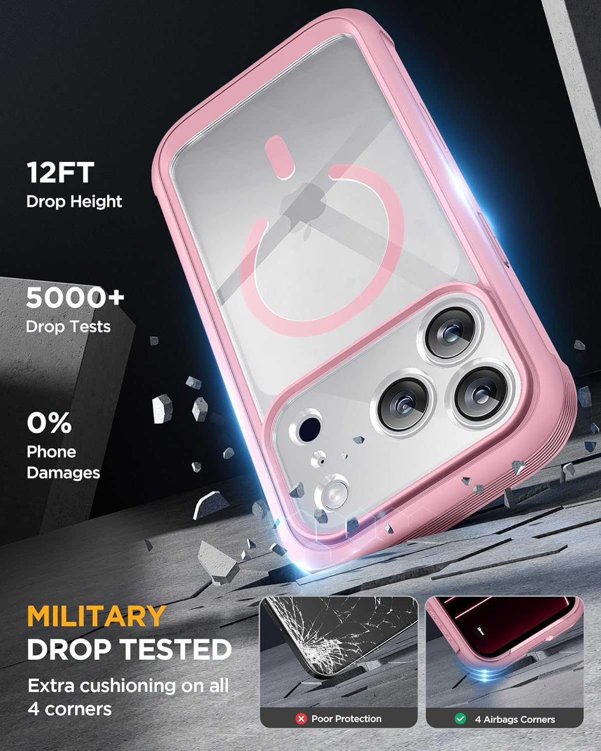 Miracase Magnetic for iPhone 17 Pro Case 6.3" [Compatible with MagSafe] Full-Body Phone Case with Built-in Glass Screen Protector & Camera Control,Drop Proof iPhone 17 Pro Cover, Pink - Image 6