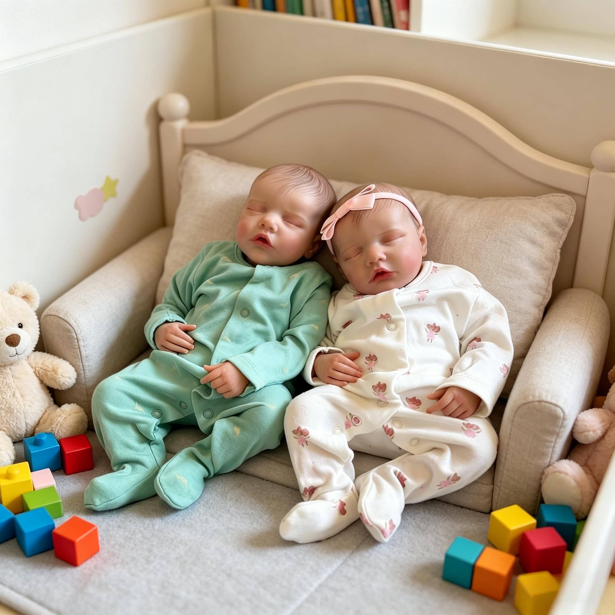 Reborn Babypuppen Silikon Ganzkörper Zwillinge Mädchen und Junge 18 Zoll Realistische Babypuppen Weiches Vinyl Real Life Babys Puppe Lebensechte Neugeborene Babys Zwillinge Puppe mit Zubehör