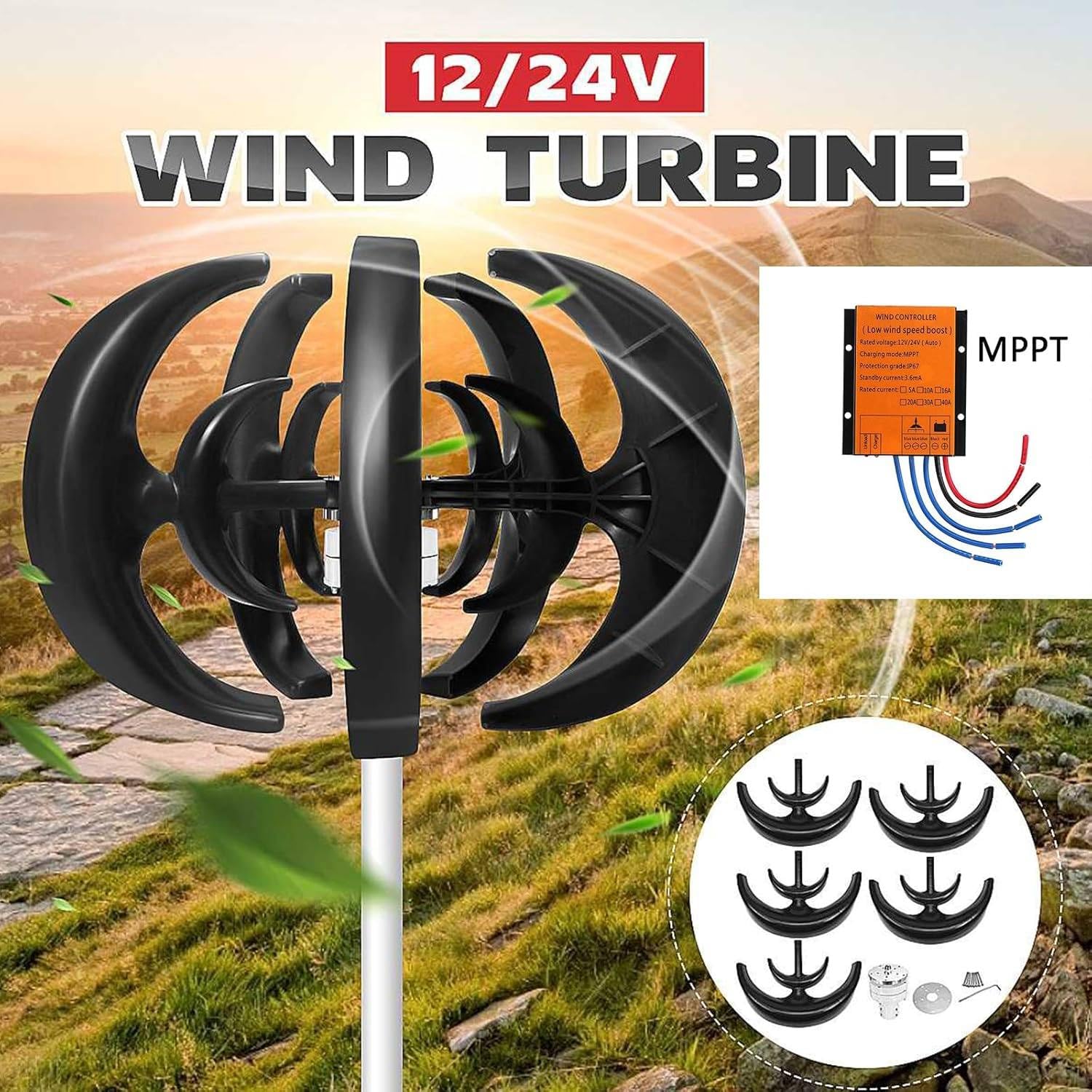 Kit generatore Eolico Verticale - Turbina trifase a Magnete Permanente 12V/24V per progetti solari Fai da Te, Strumento scientifico educativo, Nero - Ideale per Gli Appassionati di Energie r