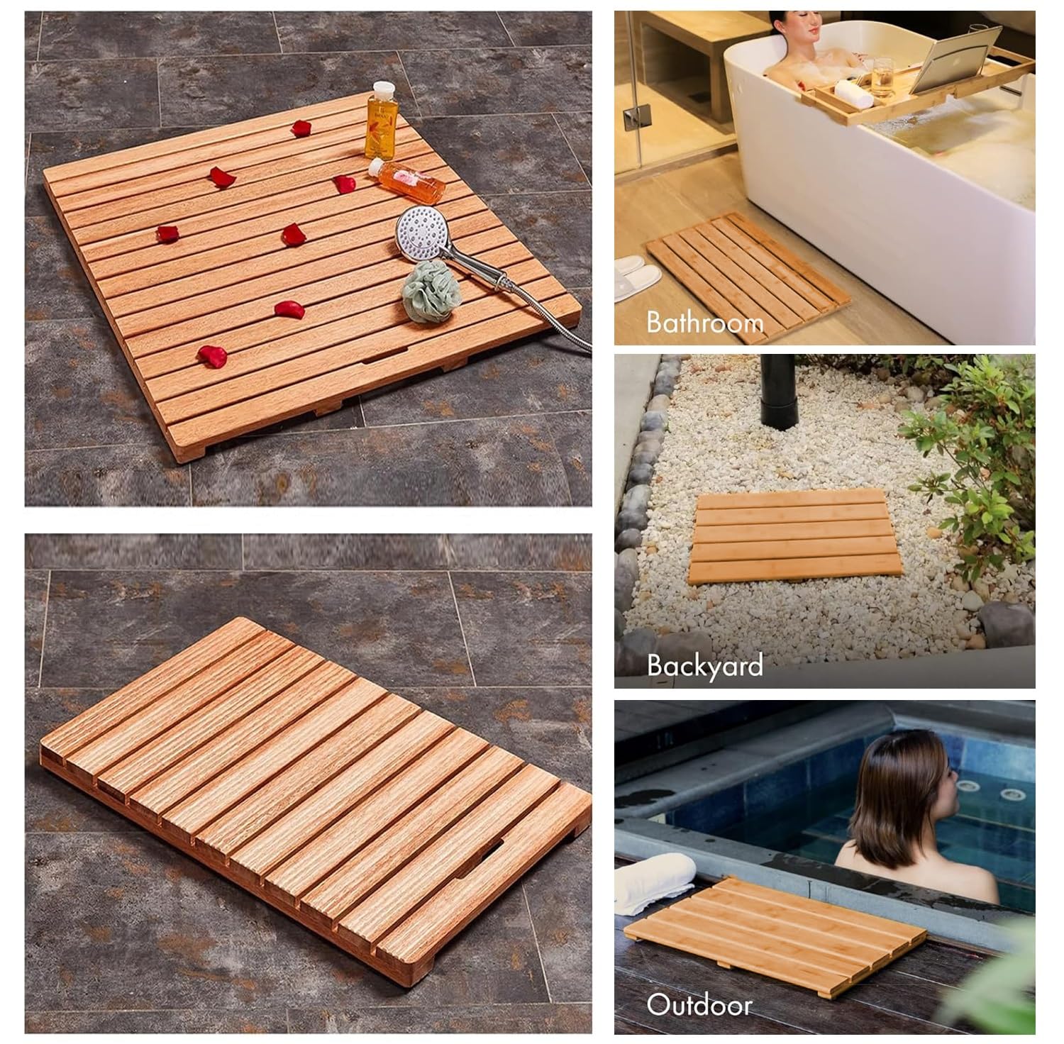 Alfombrilla de baño de madera antideslizante respetuosa con el medio ambiente, para ducha y sauna, elegante y fácil de limpiar (31 x 36 pulgadas) para comodidad y decoración, impermeable, resistente