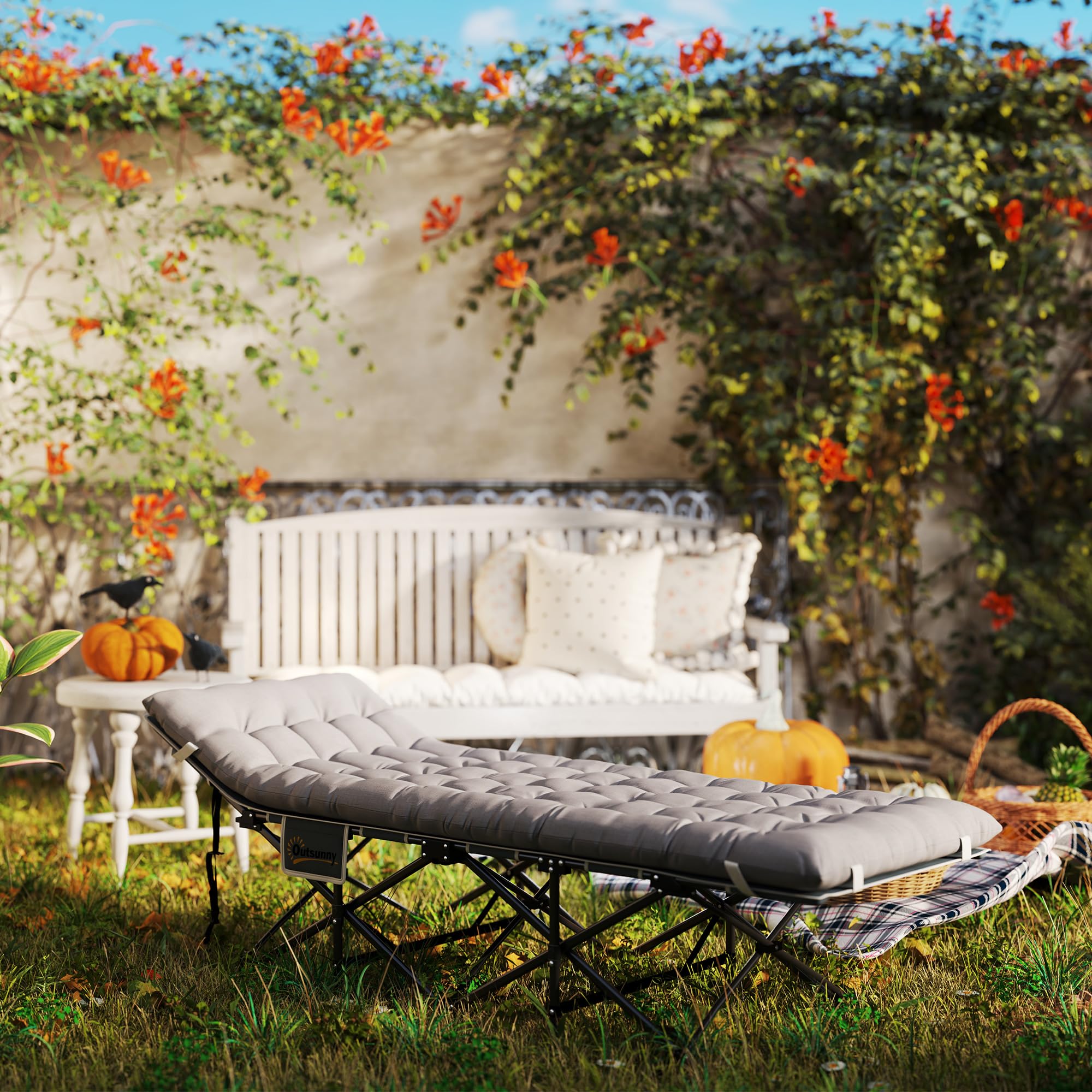 Outsunny Lit de Camping Pliable avec Matelas, Lit de Camp Pliant, Pochette latérale et Sac intégré, transat Chaise Longue en métal et Tissu Oxford, 185 x 68 x 37 cm, Charge 150 kg, Gris Clair