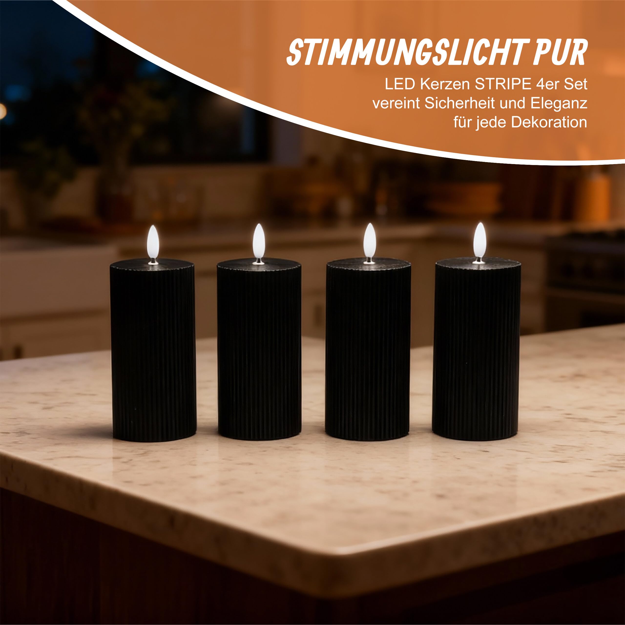 Relaxdays LED Kerzen, 4er Set, HxD: 18 x 7,5 cm, flackernde Flamme, Echtwachs, Rillen, flammenlose Blockkerzen, schwarz