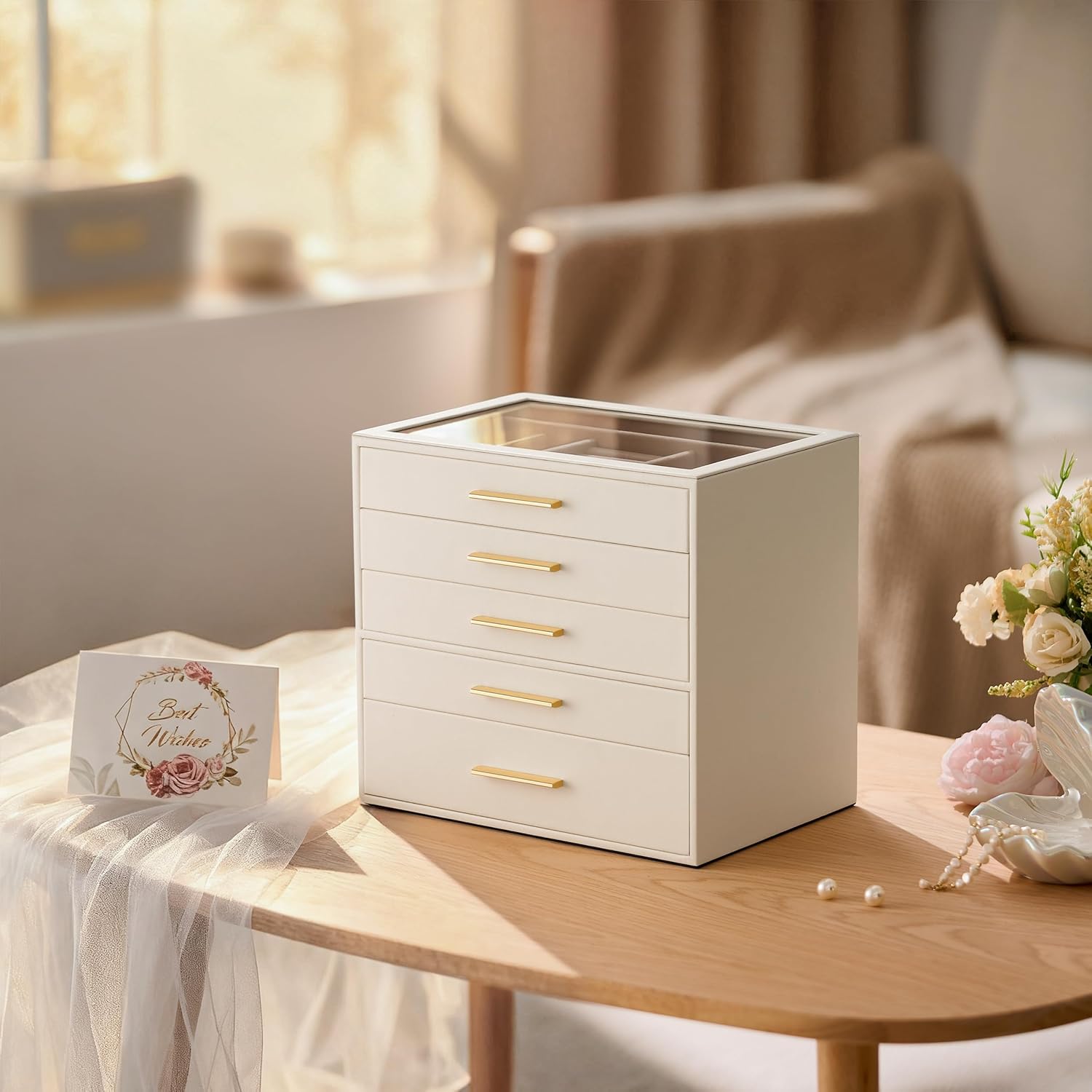 pickpiff Jewelry Box Organizer Case for Women: 5-Layer Jewelry Storage Case with Glass Window, Ivory Leather with Pink Velvet, Holder for Ring Necklace Bracelet Brooch Watch, Great Gift for Her - Image 2