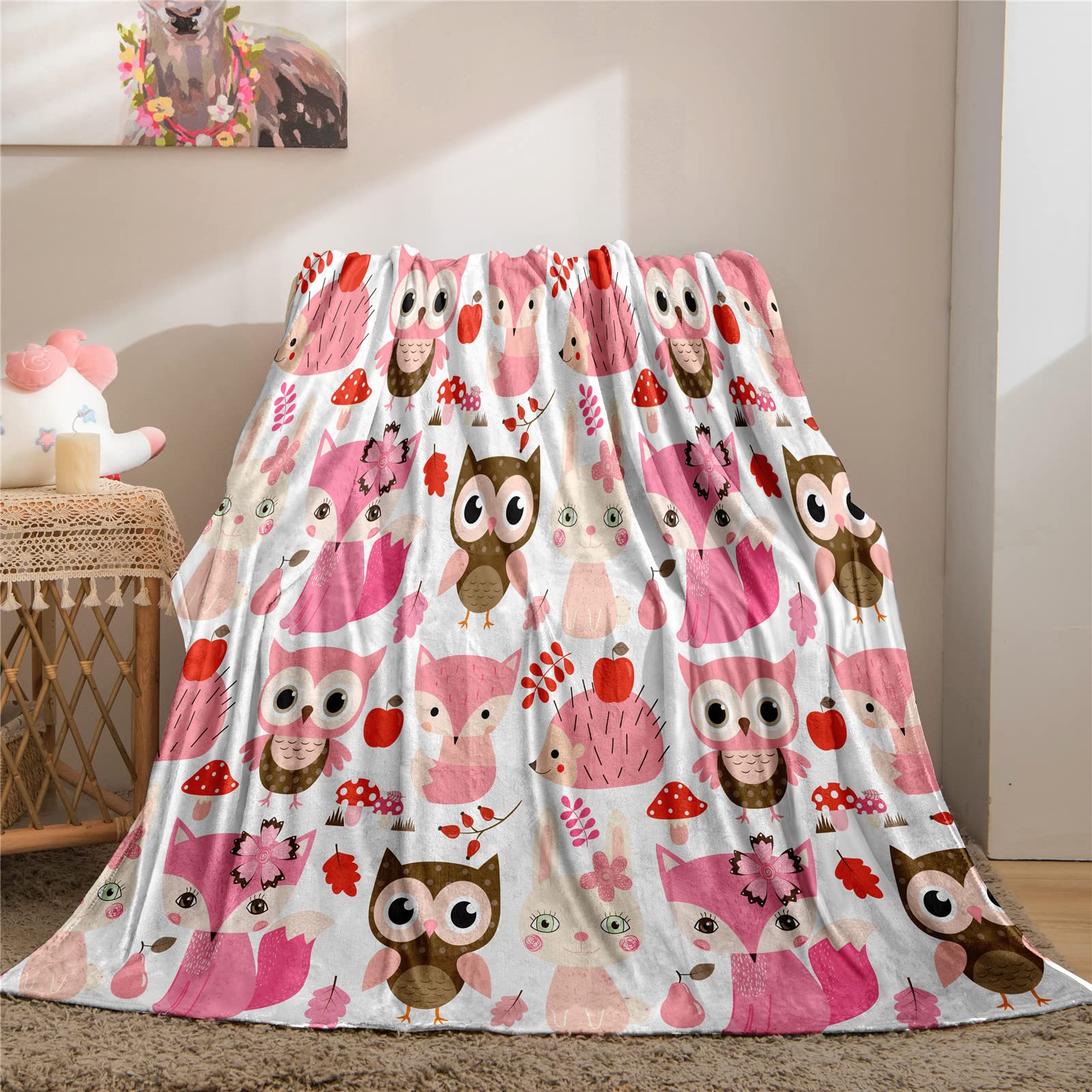 YUANZU Woodland Animal Blanket Throw, Kids Pink Brown Hedgehog Fox Bunny Owl Pattern Soft Cozy Flannel Blanket, Warm Lightweight Plush Throw Couch Sofa Bed Cover, Gifts for Nursery Girls 50x60 inch