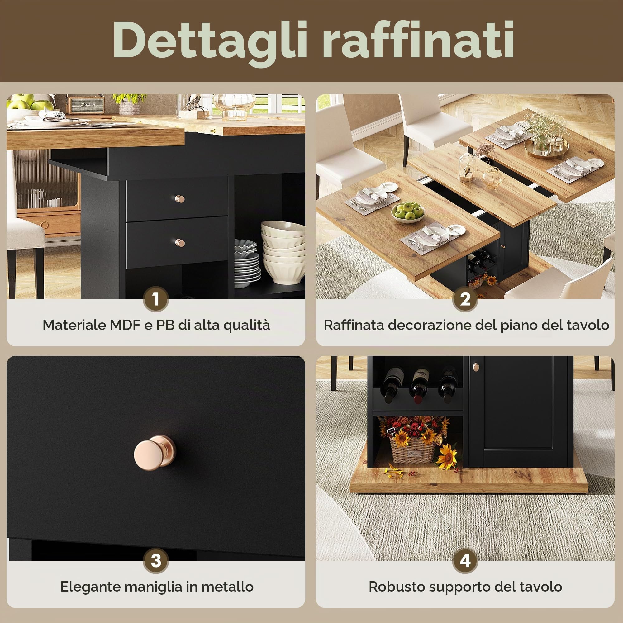 Tavolo da pranzo telescopico da cucina pieghevole per 4-6 persone, tavolo con snack e scaffale per vino, tavolo da pranzo estraibile, 1 ante e 2 cassetti, per cucina e soggiorno 110-140 x 80 x