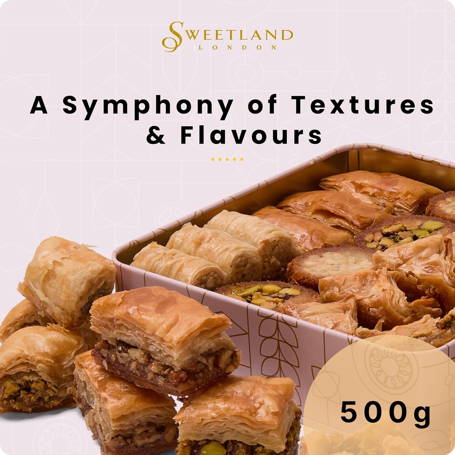 Sweet Land Regular Baklava Selection – Gift Tin | Handmade Lebanese Baklava Assortment with Pistachio, Almond & Cashew | Traditional Middle Eastern Sweets | Ideal for Ramadan, Eid, Easter & Mother’s Day (1.1lb (500g))