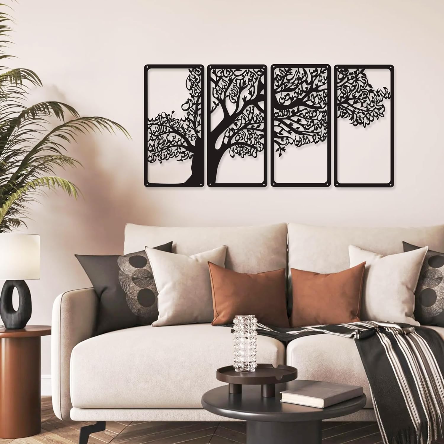 YATEASLU 4 Quls Islamic Wall Art Set of 4,Metal Surah Tree with Al-Falaq,An-Nas,Al-Kafirun,Al-Ikhlas,Arabic Calligraphy Muslim Home Decor & Islamic Gifts