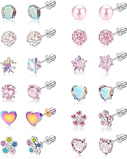 BESTEEL 12 Pairs Hypoallergenic Earrings for Girls Women Stainless Surgical Steel Screw Flat Back Stud Earrings Cute CZ Fl...