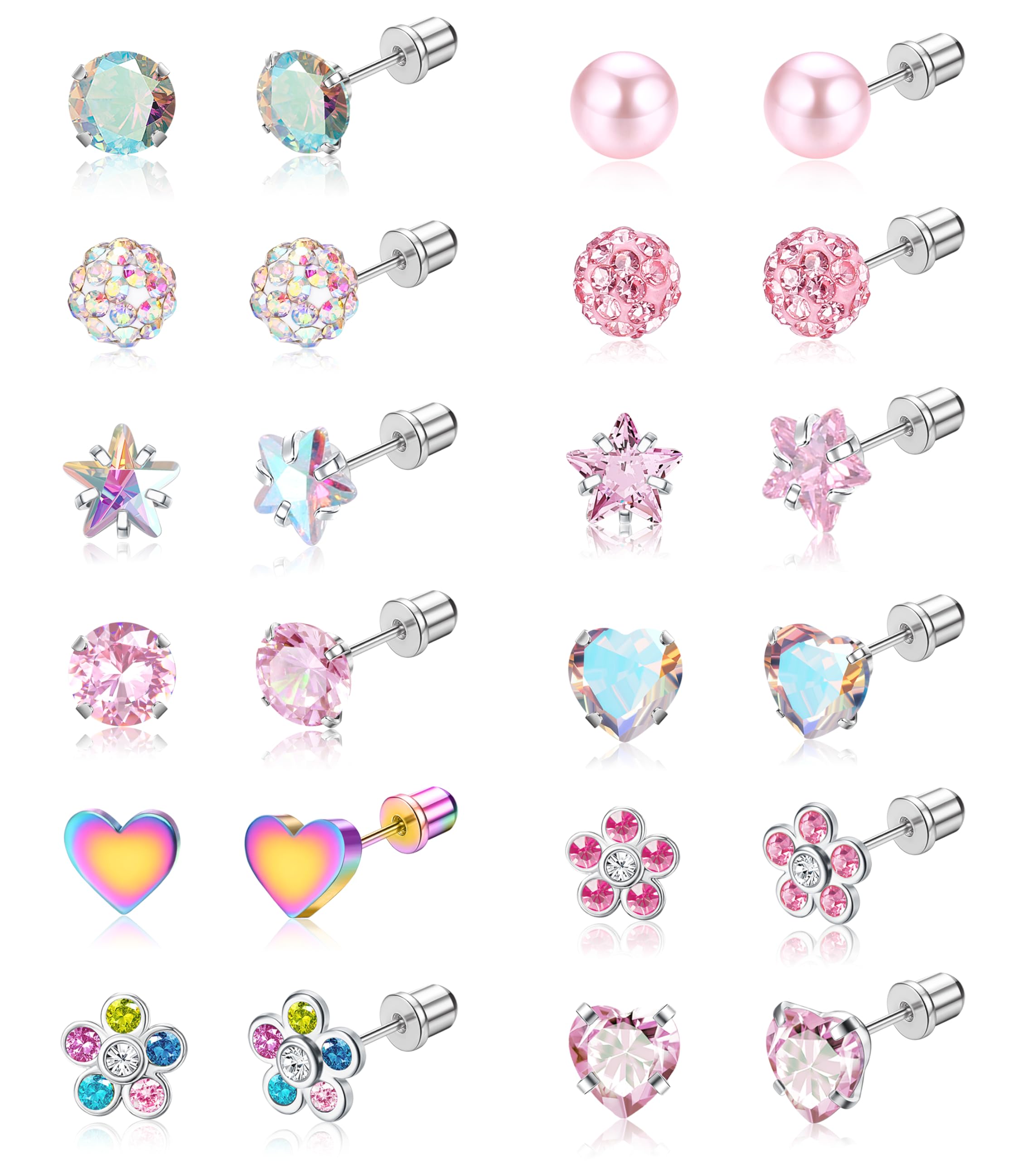 BESTEEL 12 Pairs Hypoallergenic Earrings for Girls Women Stainless Surgical Steel Screw Flat Back Stud Earrings Cute CZ
