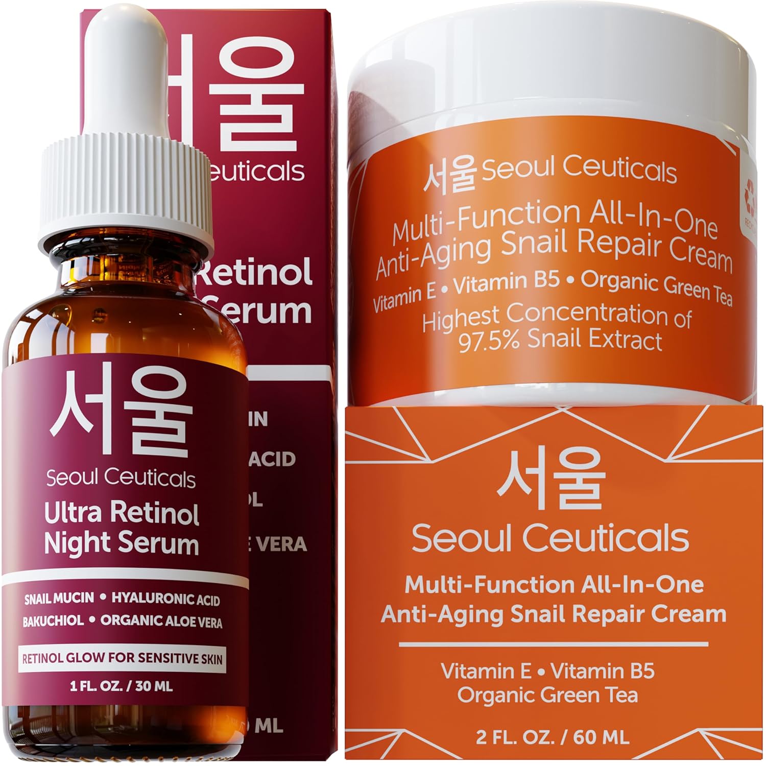 SeoulCeuticals Retinol Serum + Snail Mucin Moisturizer Cream - Korean Anti Aging Skincare Set