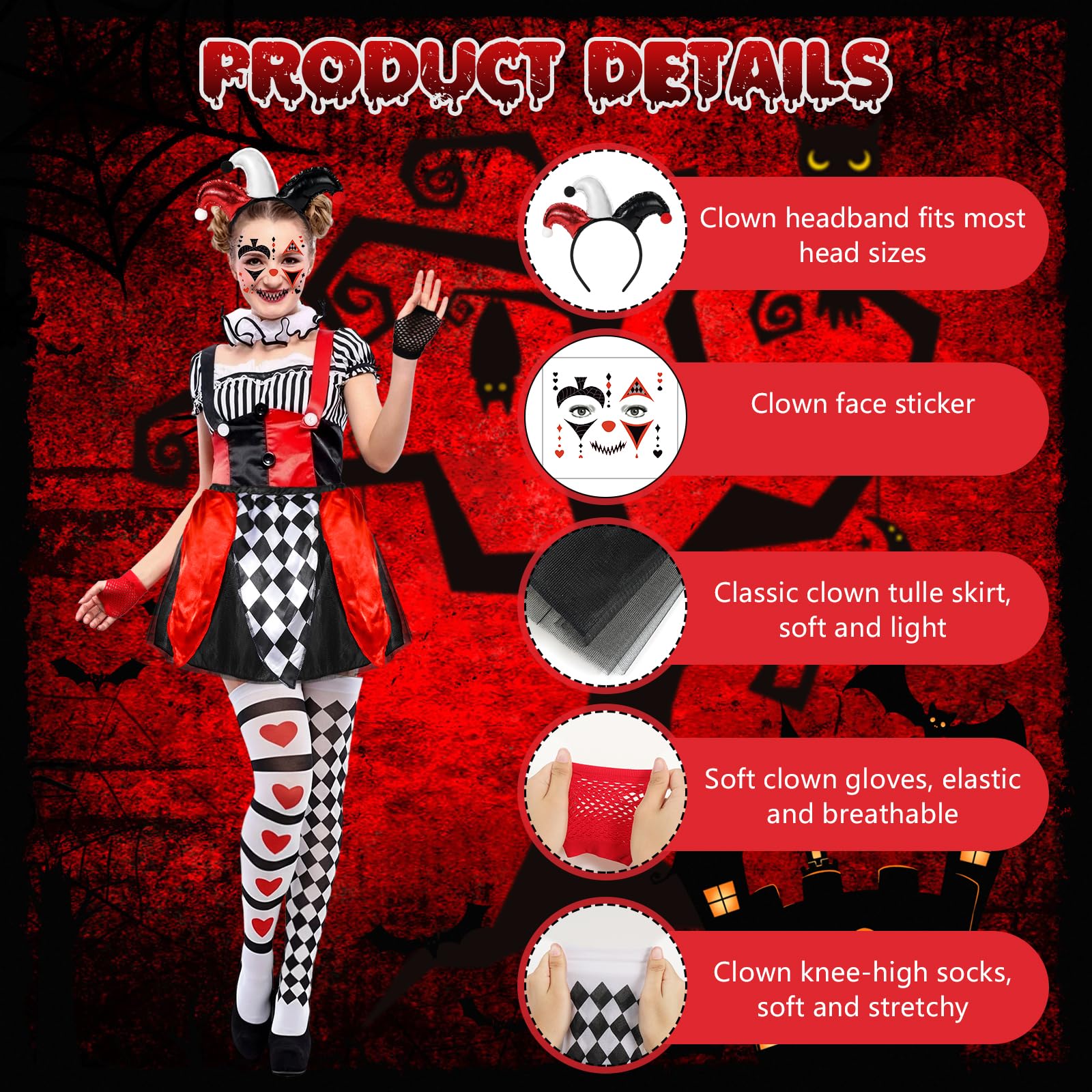 5 PCS Halloween Clown Costume Women, Clown Headband Face Tattoos Fish Net Gloves Harlequin Knee High Socks Tutu Skirt - Image 3