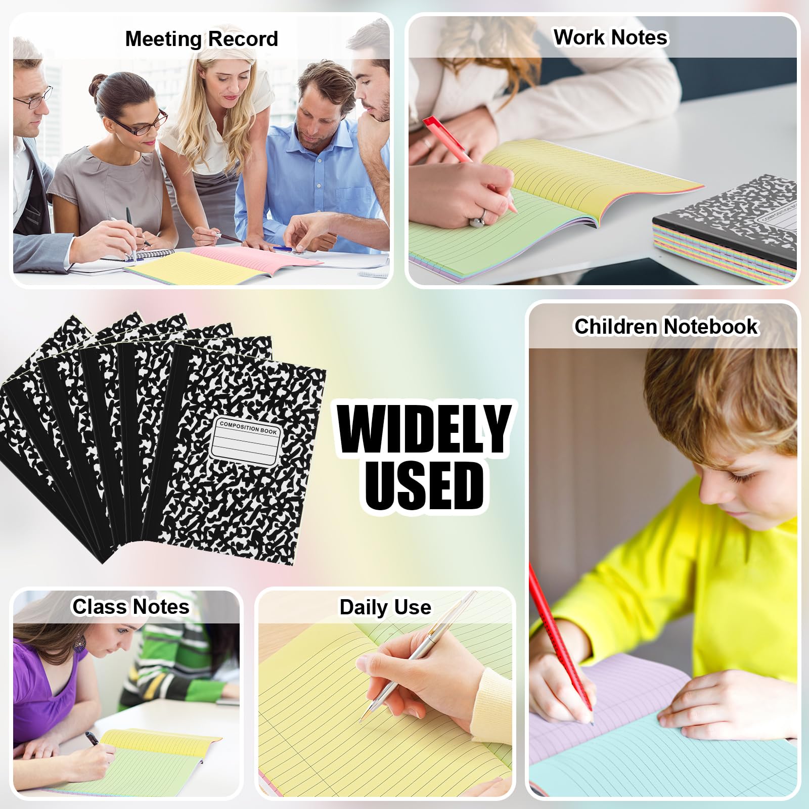 Henoyso 6 Pcs 120 Pages Colored Paper Notebooks 9.75" x 7.5" Bright Colors Lined Paper Notebook Wide Ruled Marble Notebooks Journals Bulk for Office School Supplies(Black Cover): Black Cover Bright Colors 6