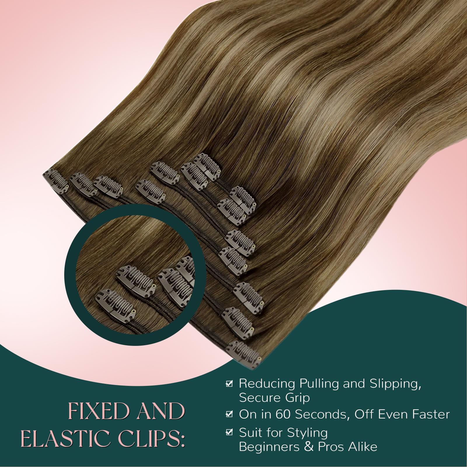 Easyouth Easyouth Clip in Hair Extensions Human Hair Balayage, Remy Hair Clip in Extensions Ombre, Medium Brown Fading to Caramel Blonde, Real Hair Extension Clip in Human Hair for Beginners, 14In 85g 7pcs in use