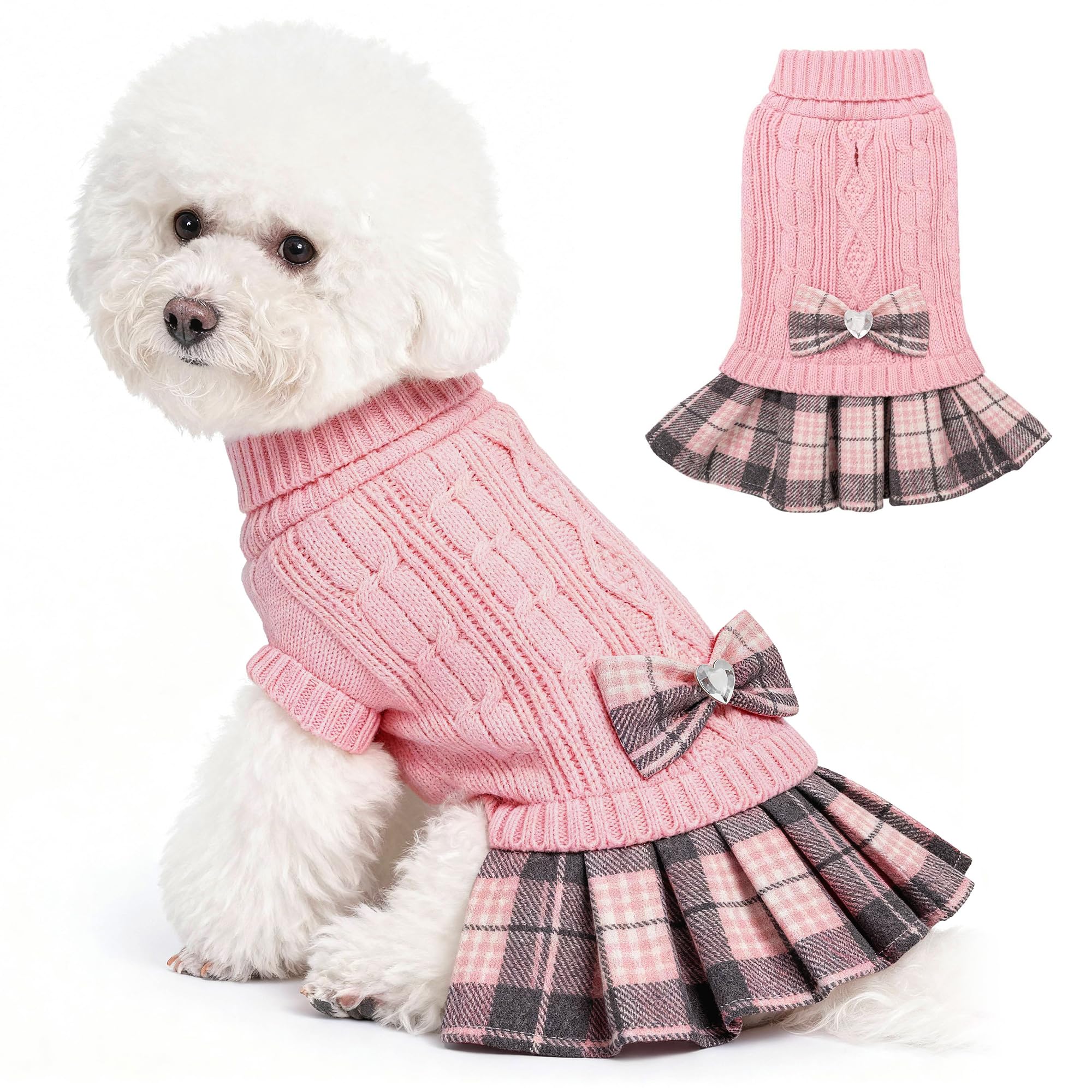 WOYYHO Girl Dog Sweater Dress with Bowtie Turtleneck Small Dogs Sweater with Leash Hole, Knitted Small Dog Sweaters Dress Puppy Winter Clothes for