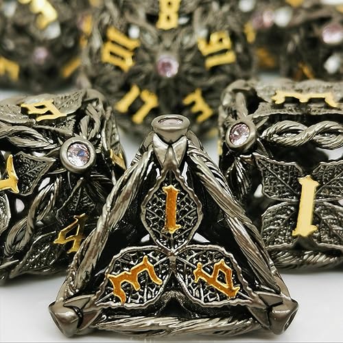 HAOMEJA Juego de dados DND de hoja de vid mágica hueca, juego de 7 dados de juego de rol D&D Dungeons and Dragons (bronce antiguo + gema roja)