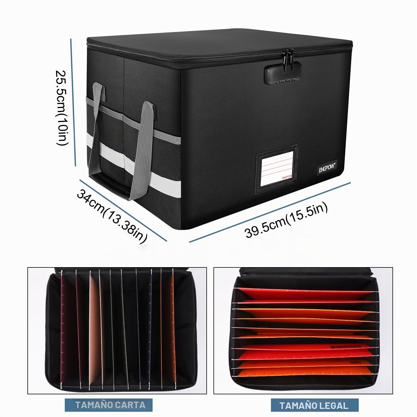 ENGPOW Caja de documentos ignífuga de 39,5 x 34 x 25,5 cm, caja de almacenamiento de archivos con cerradura, plegable, organizador de archivos con tapa, portátil, caja de seguridad para colgar