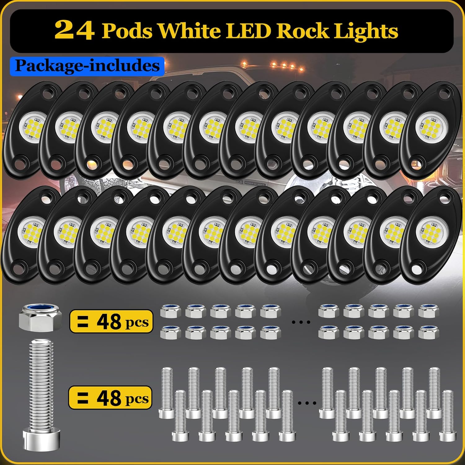 24 Pods White Rock Lights, Heefrole IP68 Waterproof Shakeproof Wide Angle Anti-Corrosion Pure White LED Rock Lights for Trucks Jeep UTV ATV SUV Boat Underglow Lighting Kit