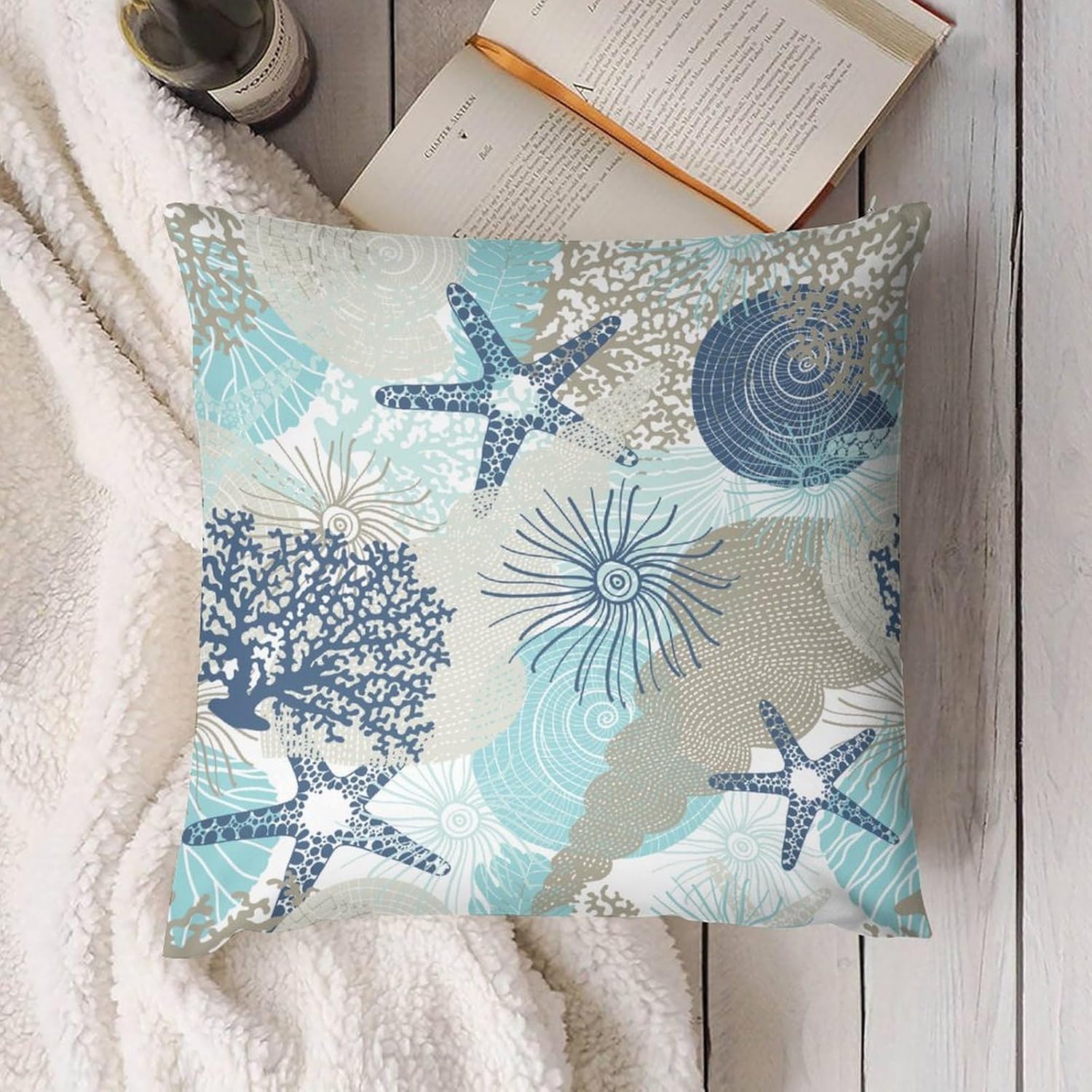 Coastal Pillow Covers Set of 2,Nautical Beach Starfish Seashell Blue Summer Ocean Throw Pillow Covers 20x20 Inches Cotton Square Pillow Cover Set for Couch Bed Living Room Outdoor Decor 20 "x20 "