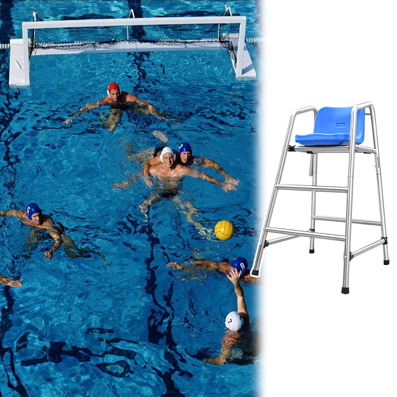 Heavy Duty Lifeguard Chair for Water Polo, 4-6 ft Beach Observation Stool, Sports Referee Competition Seat, Silver Lookout Ladder with 2 Steps