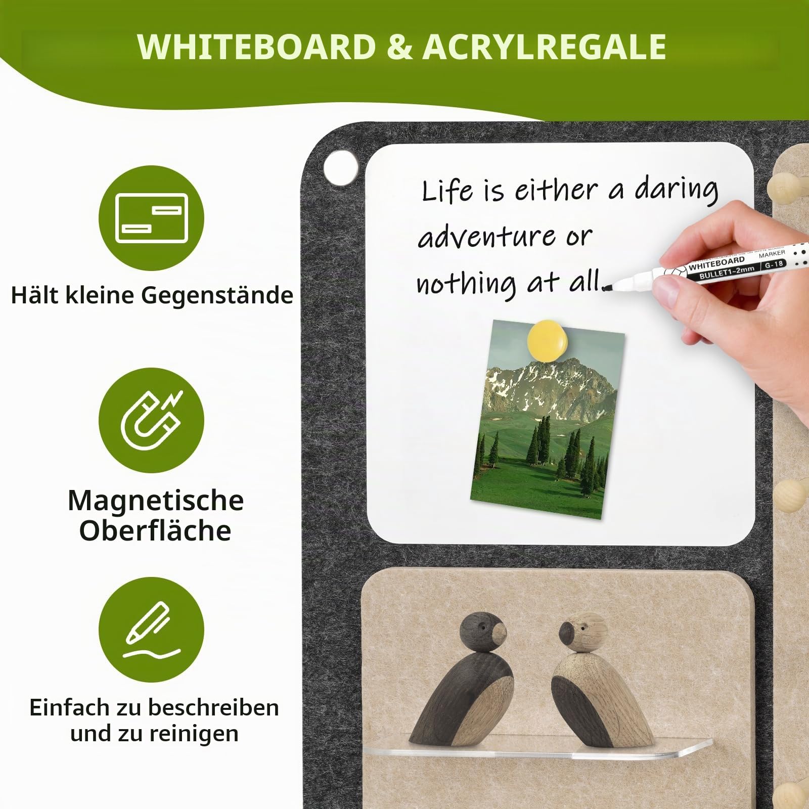 DOLLAR BOSS 3-in-1 faltbare Pinnwand aus Filz, 61 x 40,6 cm, horizontal, Grau | Korktafel, magnetisches Whiteboard mit Acrylregalen, für Zuhause, Büro, Wohnheim, Raumdekoration, mit Pin-Magneten