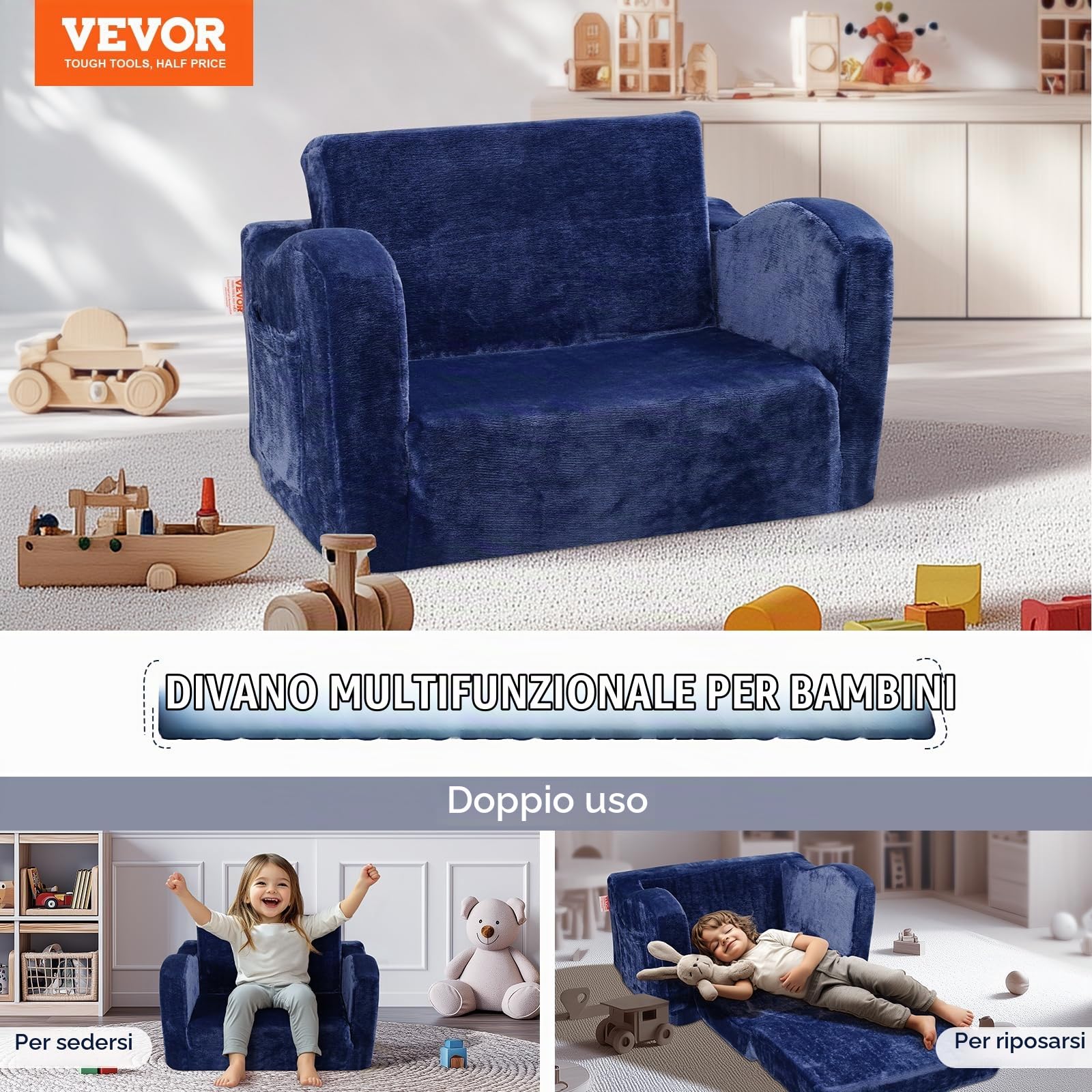 VEVOR Divano per bambini, 2 in 1, comodo divano letto pieghevole, convertibile da divano a lettino, sedia per bambini, mobili per la stanza dei giochi, per bambini e ragazze, blu