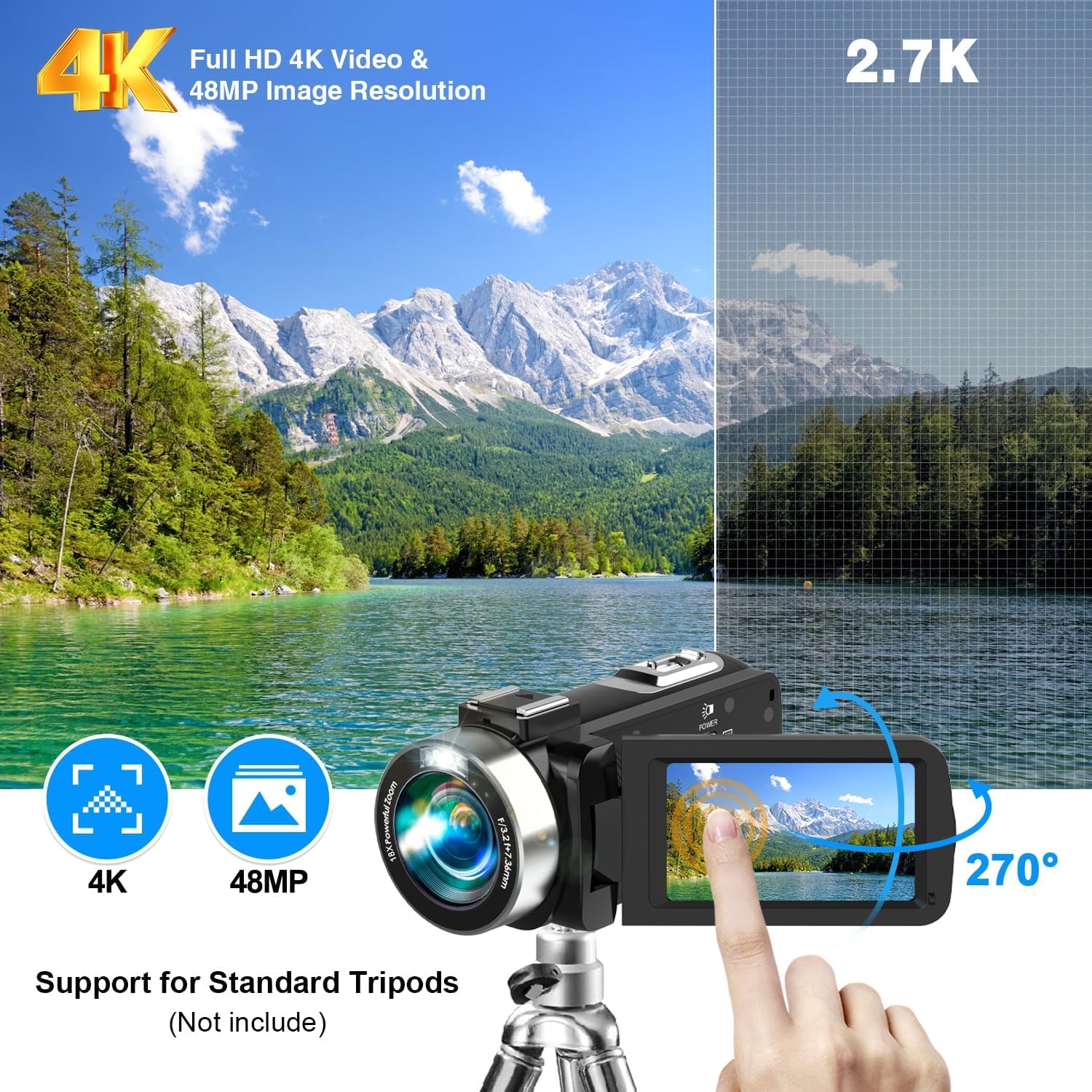 Videocamera 4K UHD 48MP IR visione notturna Vlogging fotocamera per YouTube, zoom digitale 18X, registratore 3 pollici IPS touchscreen con scheda SD da 32 GB, telecomando, 2 batterie