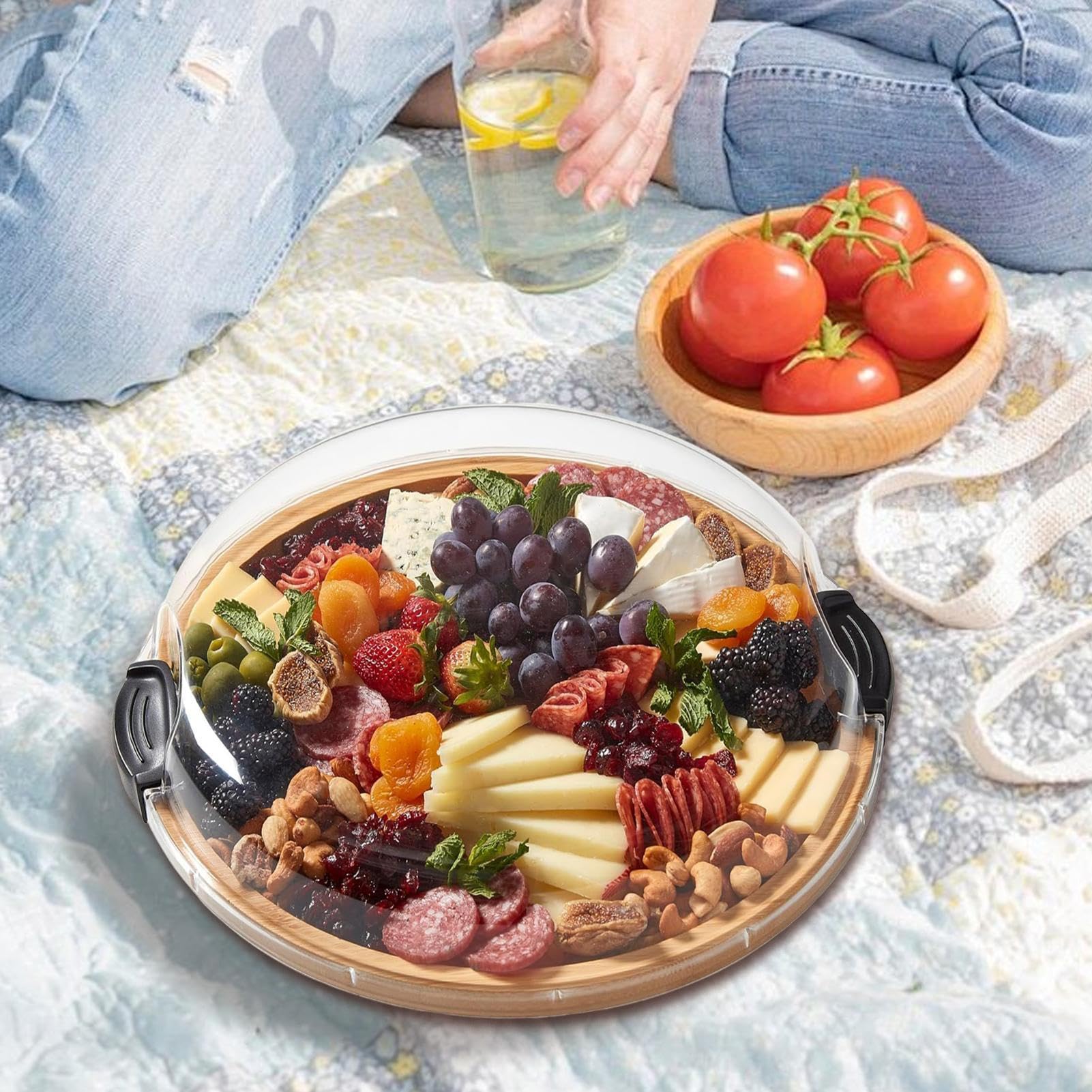 Charcuterie Boards - Runde Holzplatte mit Deckel | Tragbare Servierbretter für Party, Weihnachten, Restaurant, Picknick, Urlaub, Pool, Küche, Buffet, Camping, Versammlungen, Unterhaltung
