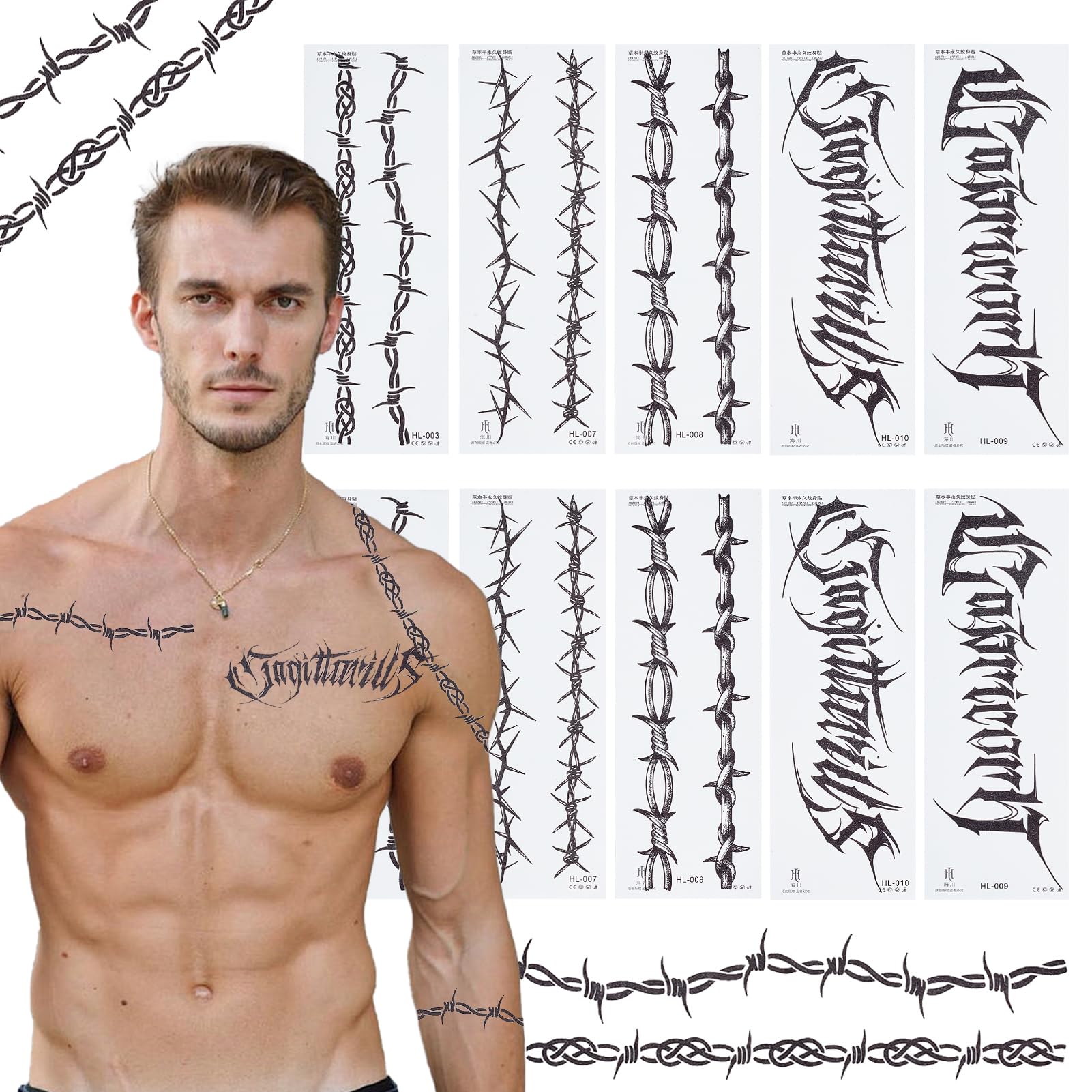 NICENEEDED 10PCS Halloween Face Tattoos Stickers, Barbed Wire Temporary Decor Large Barb Wire Makeup Props