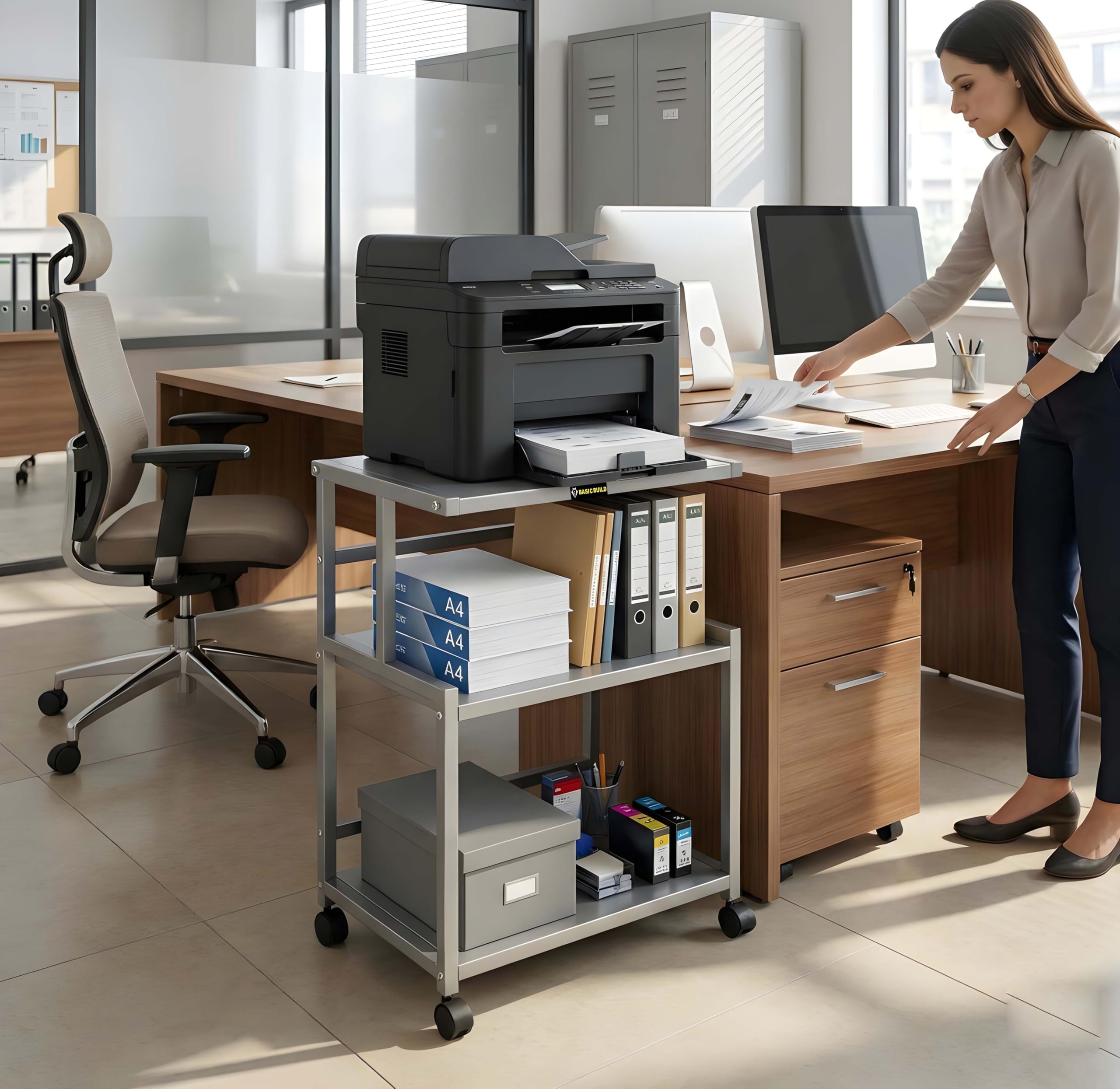 Basic Build Silver Heavy-Duty Printer Stand with Wheels | Metal Iron Storage Rack for Printer, Files, Books & Office Use (Silver)