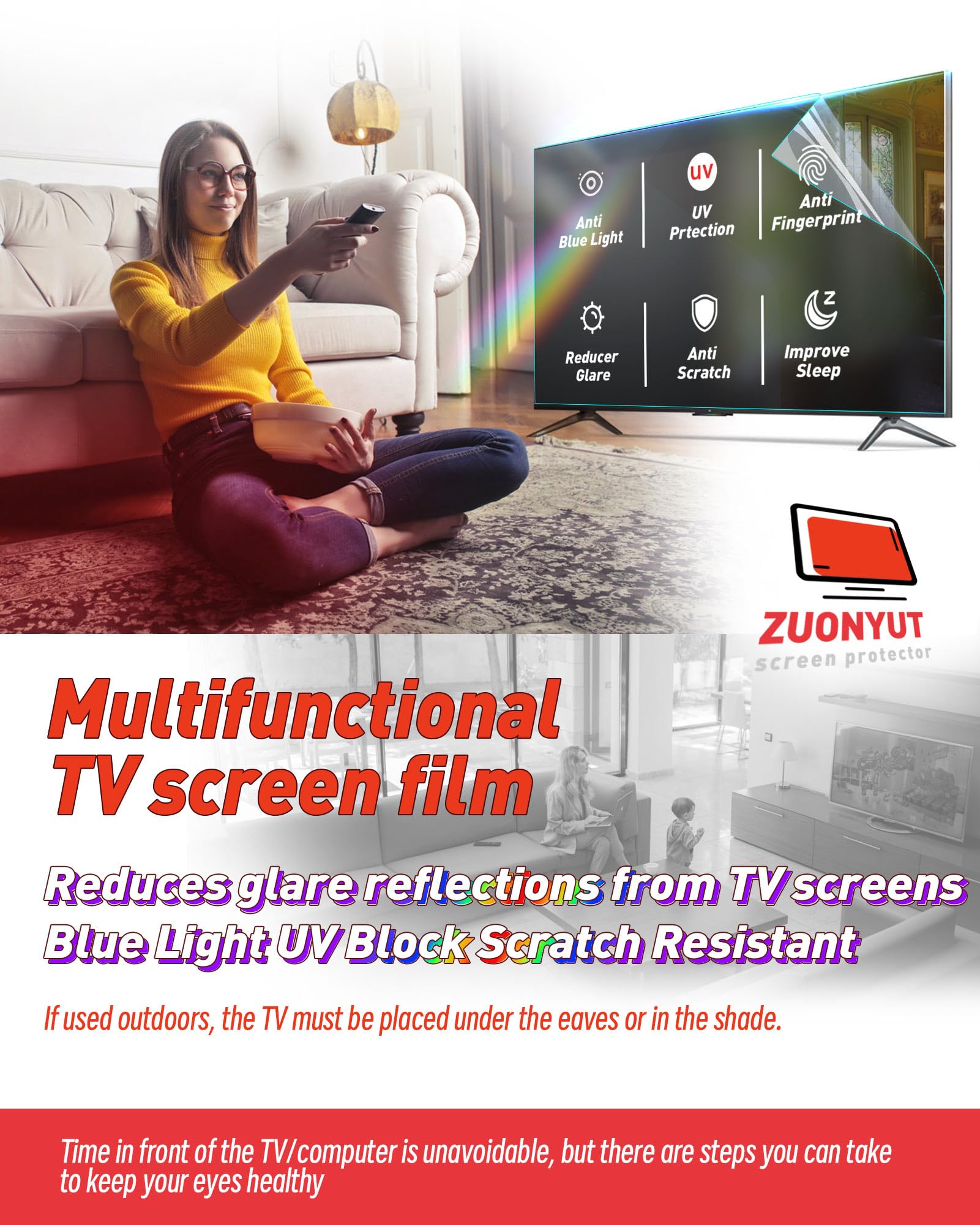ZUONYUT TV Screen Protector Anti Glare Film for 75 Inch TV, Blue Light and UV Film, TV Glare Shield,Screen Reflection Reducer, Matte Surface Film