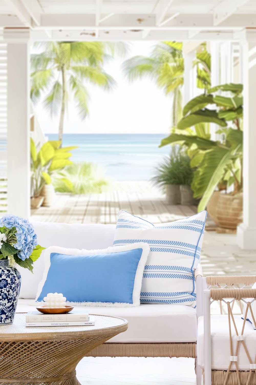 Hofdeco Premium Coastal Hampton Patio Indoor Outdoor Lumbar Pillow Cover Only, 12"x20" Water Repellent for Backyard, Couch, Poolside, Azure Blue Print Solid