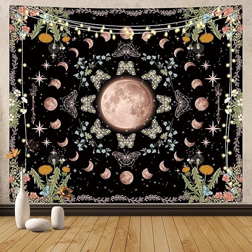 Miniatura 1 de MEHOFOND Tapiz de plantas de luna, tapiz de jardín iluminado por la luna, tapiz bohemio de plantas florales, mariposas y plantas de mandala, tapiz