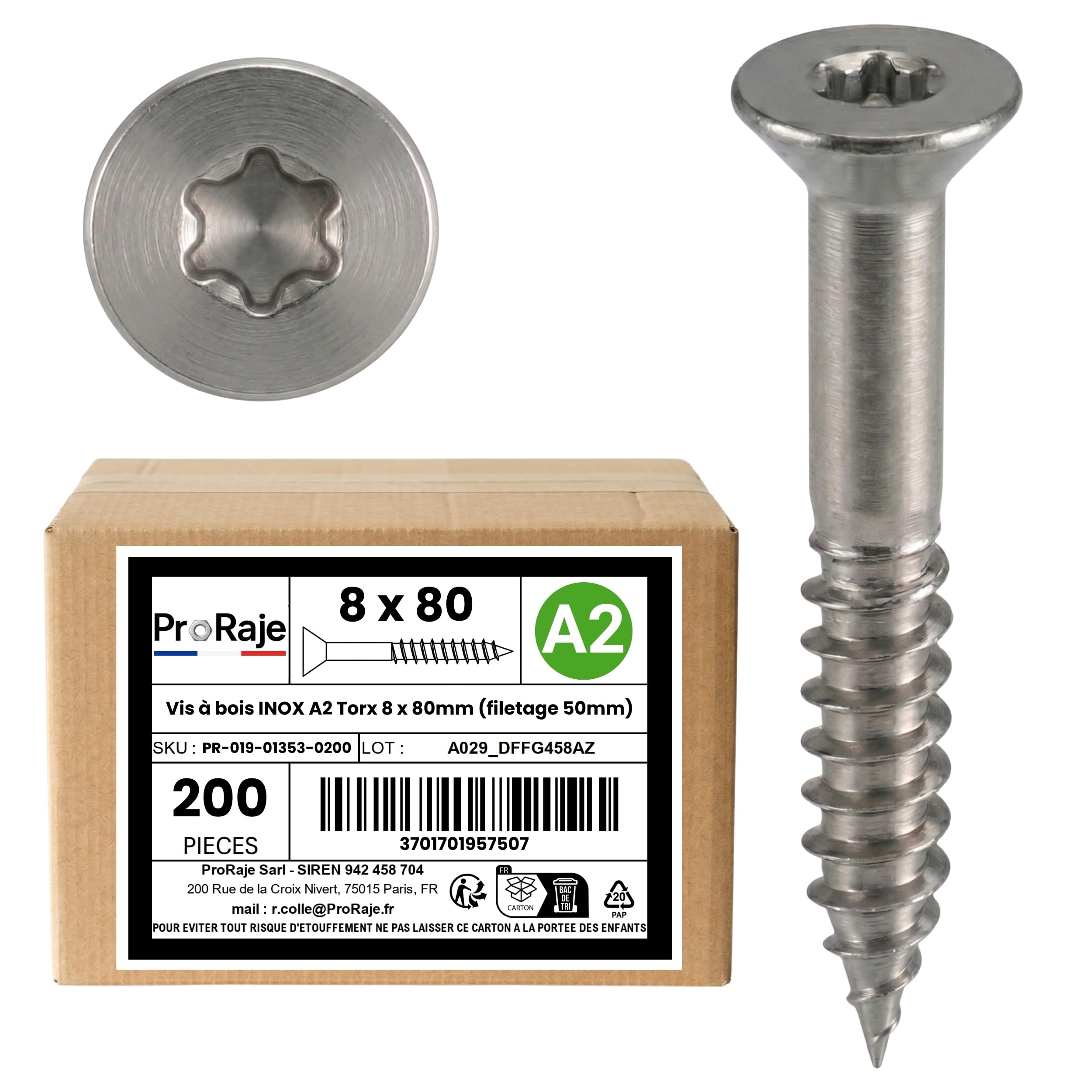 Wood Screws Stainless Steel A2: 8 x 80 mm (Thread 50 mm) | Countersunk Head with Torx (TX) | Stainless Steel A2 (V2A / AISI 304) | Construction / Chipboard / Patio / etc: Pack of 200 ProRaje