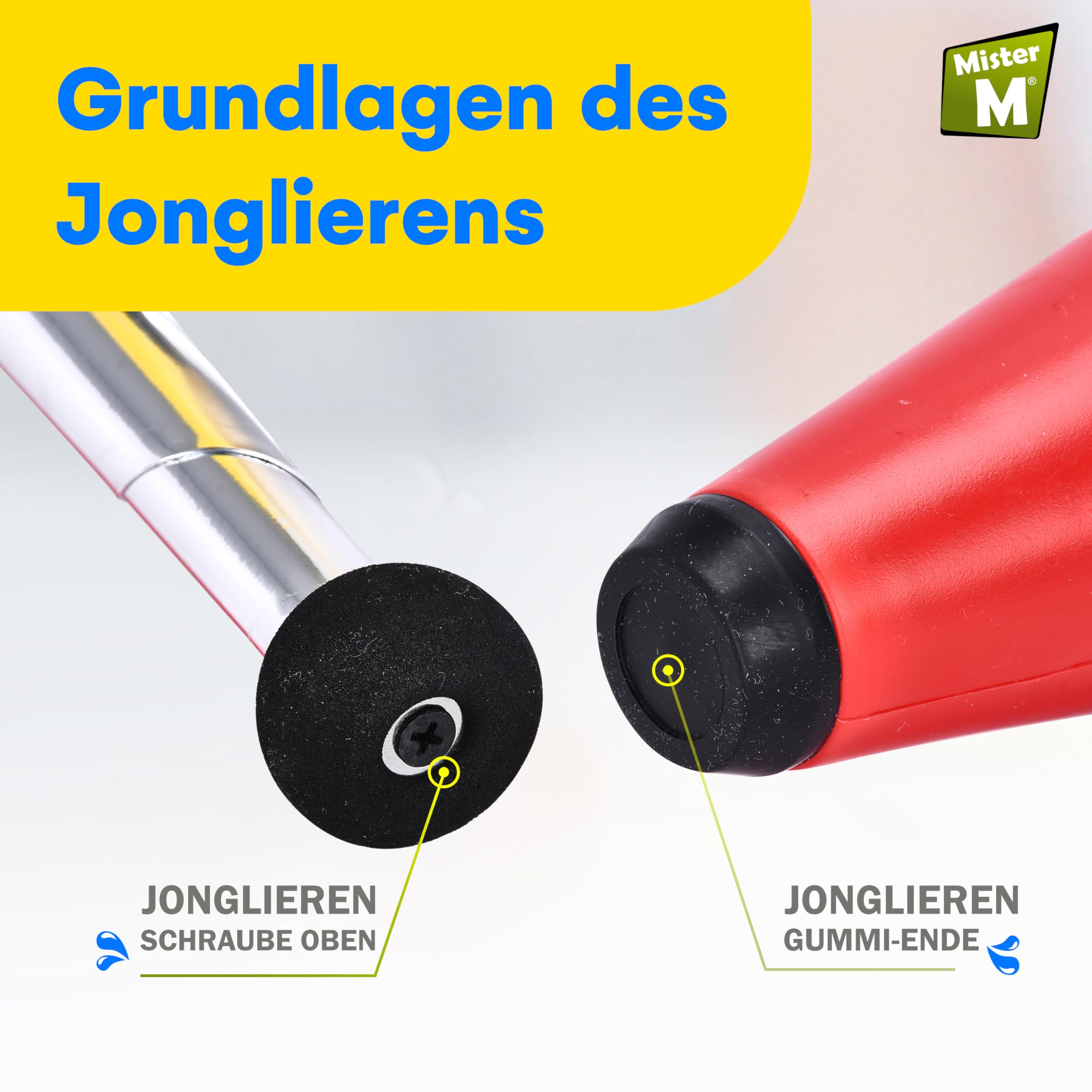 Mister M Jonglierset für Kinder, Grün, Rot und Gelb, Kunststoff, ideal für Schulaufführungen, Koordinationstraining, langlebig, Rutschfester Griff, 42 x 7,5 x 7 cm