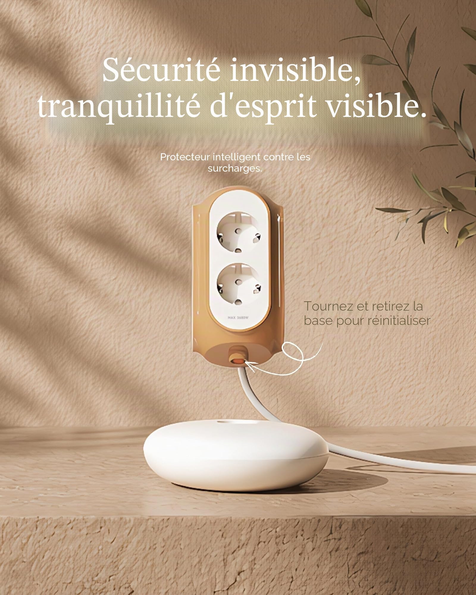 MiaoLab Multiprise Tour 6 Prises AC, 3680W/16A, Protection surtension 1420J, Base lestée 479g Anti-basculement, câble 2 m, Protection Surcharge (Beige Toscan)