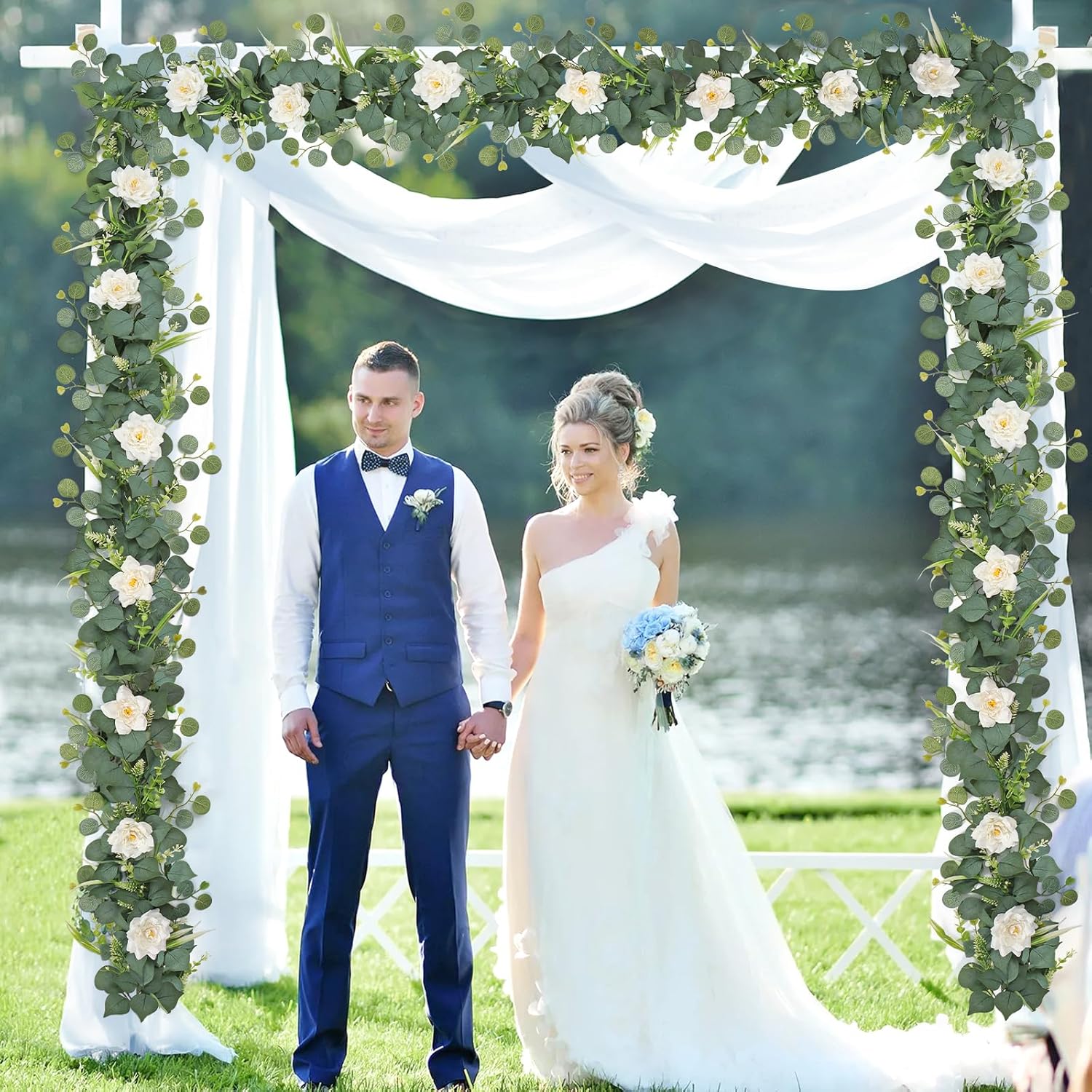 4PCS Flower Garland 6.2FT Artificial Rose Flowers Garland Wall Vines Greenery White Roses Eucalyptus Garlands for Wedding Table Runner Arches Backdrop Party Centerpiece Decor (White Rose, 4PCS)