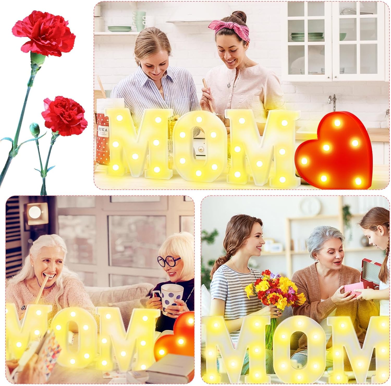 Aurelema 4 Pcs Mother's Day LED Lights Light up Letters Mom Light Sign Battery Powered Heart up Letters for Mom Party Decor Night Home Family Supplies(Yellow)