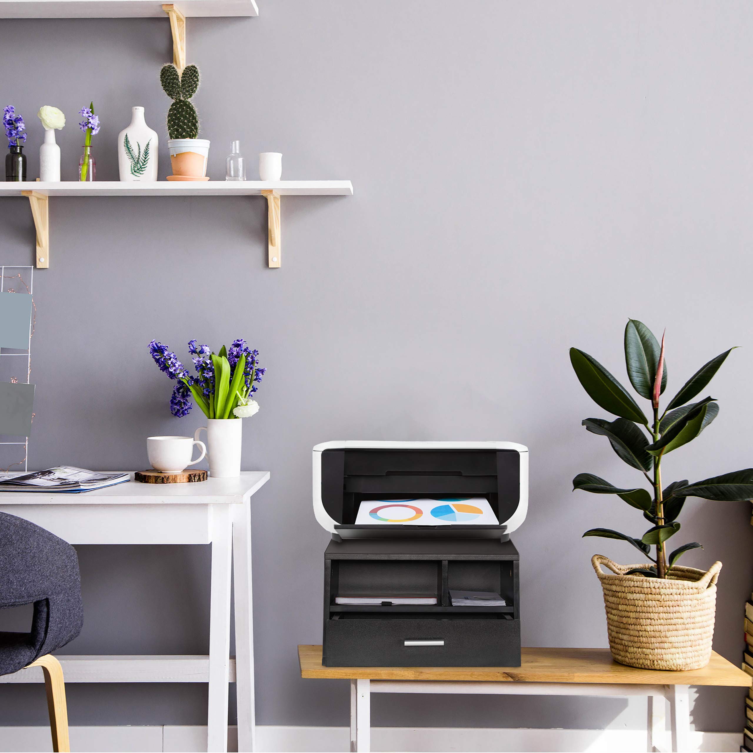 Relaxdays Porta Stampante da Scrivania, Supporto 3 Scomparti, con Cassetto, Portadocumenti, 22x40x30 cm, Organizer, Nero
