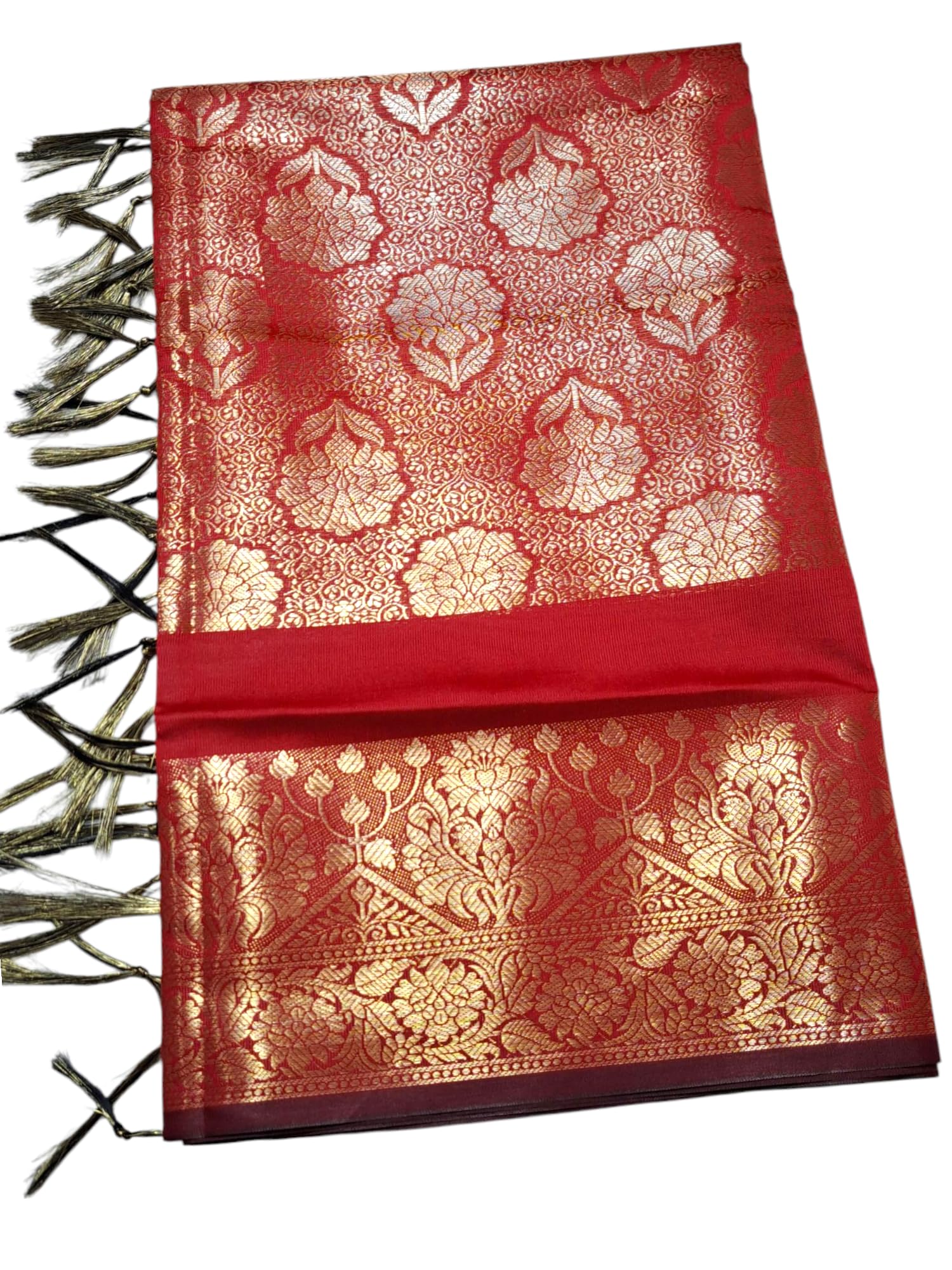 Banarasi Silk Dupatta with Golden Zari Work, Traditional Floral Design, Tassels-image-16
