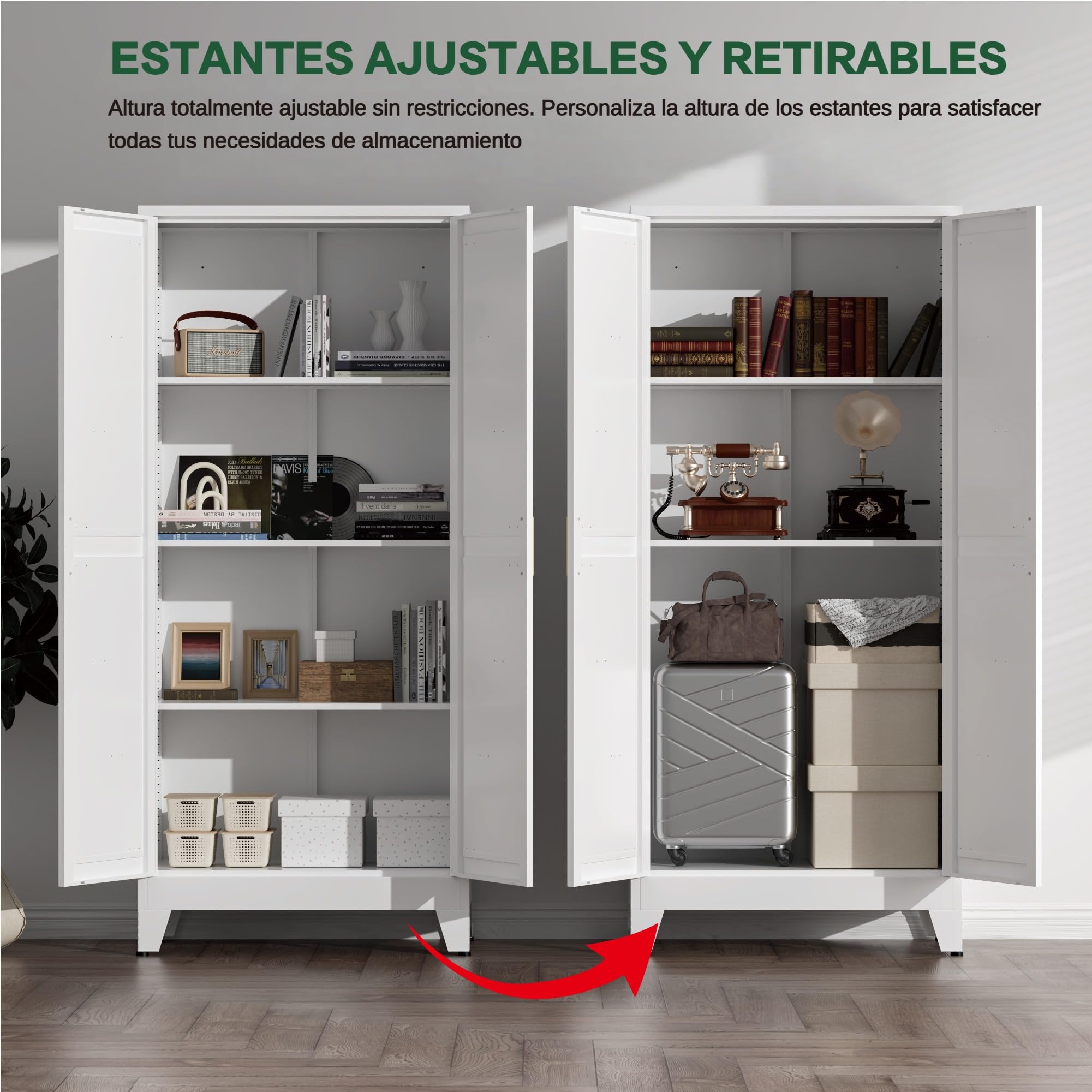 Armario Metalico Alacena, Aparador Comedor de Metal, Armario Cocina Almacenaje con Estantes Regulables, Área culinaria, Salón, 35x70x155cm, Blanco