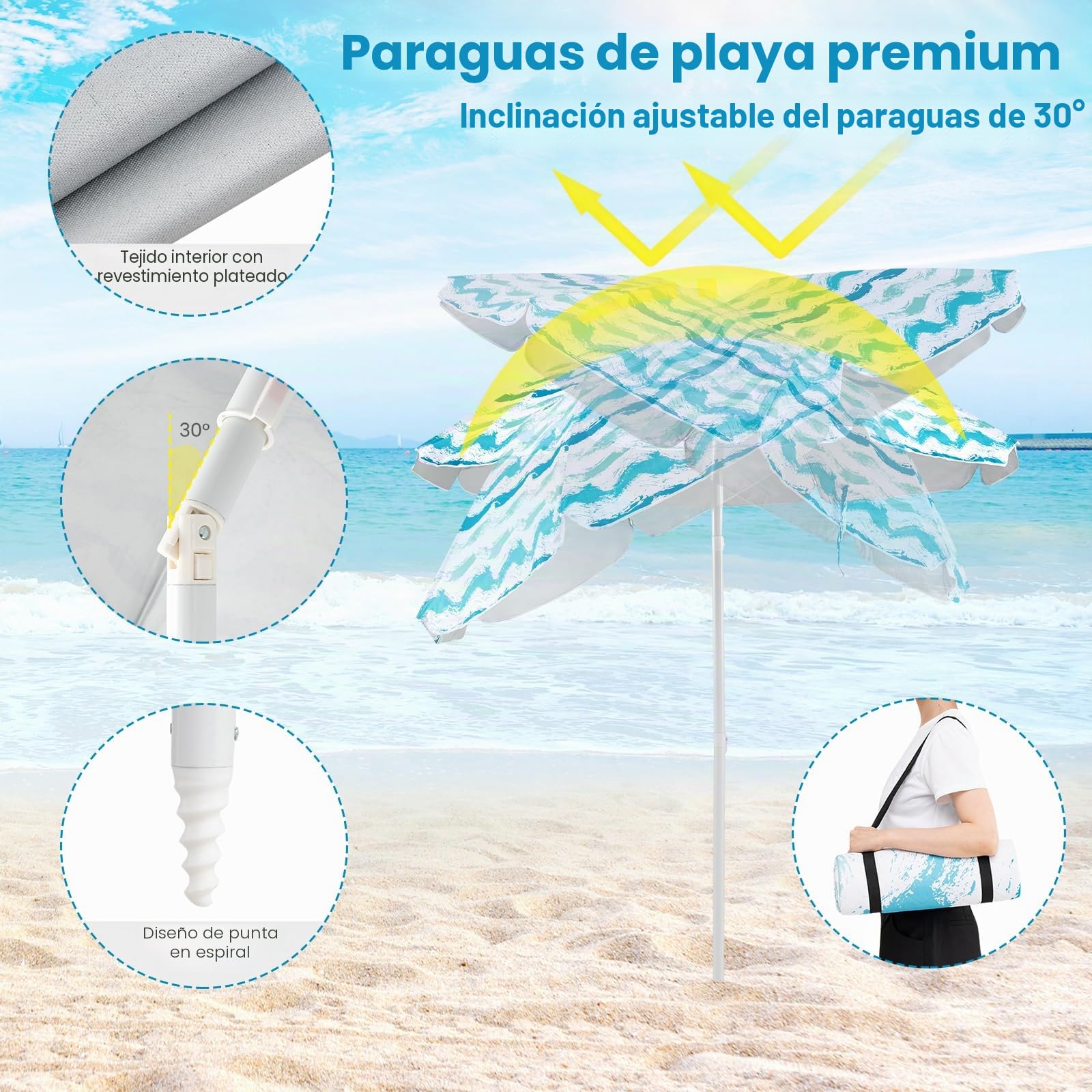 KOMFOTTEU Juego de 2 Sillas de Playa con Sombrilla y Manta de Picnic, Sillas Pórtatiles Plegables con Portavasos, Sombrilla Reclinable a 30 ° con Bolsa de Transporte, para Camping, Pesca (Azul)