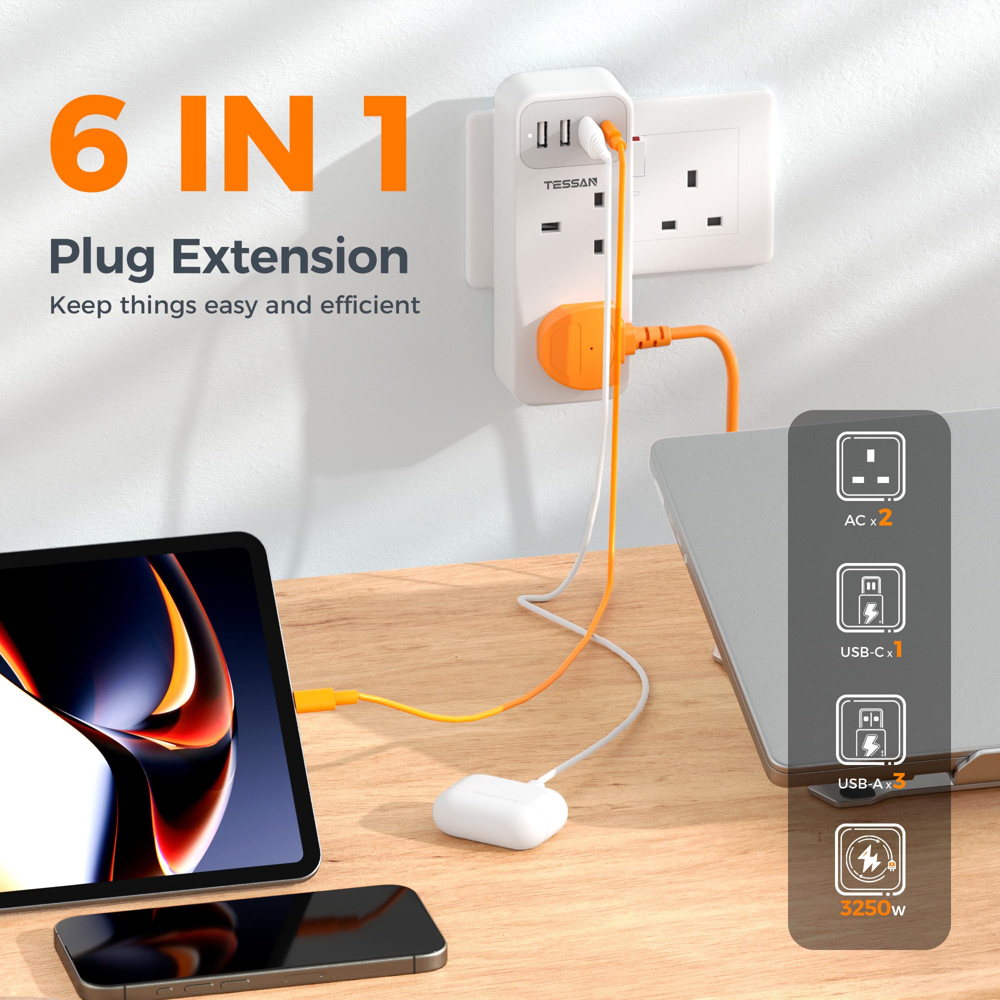 Plug Adapter with 3 USB A and 1 USB C, TESSAN Double Plug Extension Socket, 2 Way MultiPlug Adaptor - Image 2
