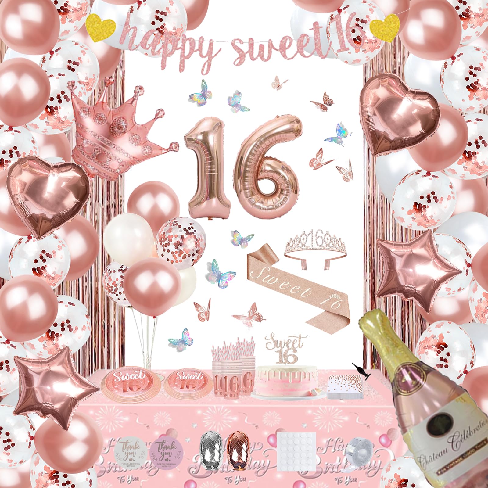 Sweet 16 Party Decorations (238 Pcs), Rose gold 16th Birthday Decorations for girls, Butterfly Birthday Party Supplies - Hanging Swirl, Sash, Tiara,
