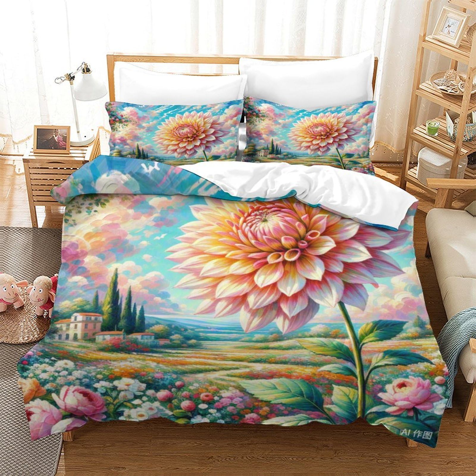 Housse de couette Dahlie 3D 140x200cm en microfibre douce avec sa taie d'oreiller