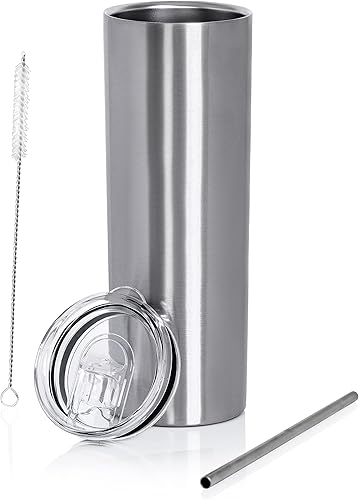 Maxam Vaso delgado con aislamiento al vacío de doble pared de 20 onzas – Recipiente de bebidas de acero inoxidable alto y delgado con popote y tapa