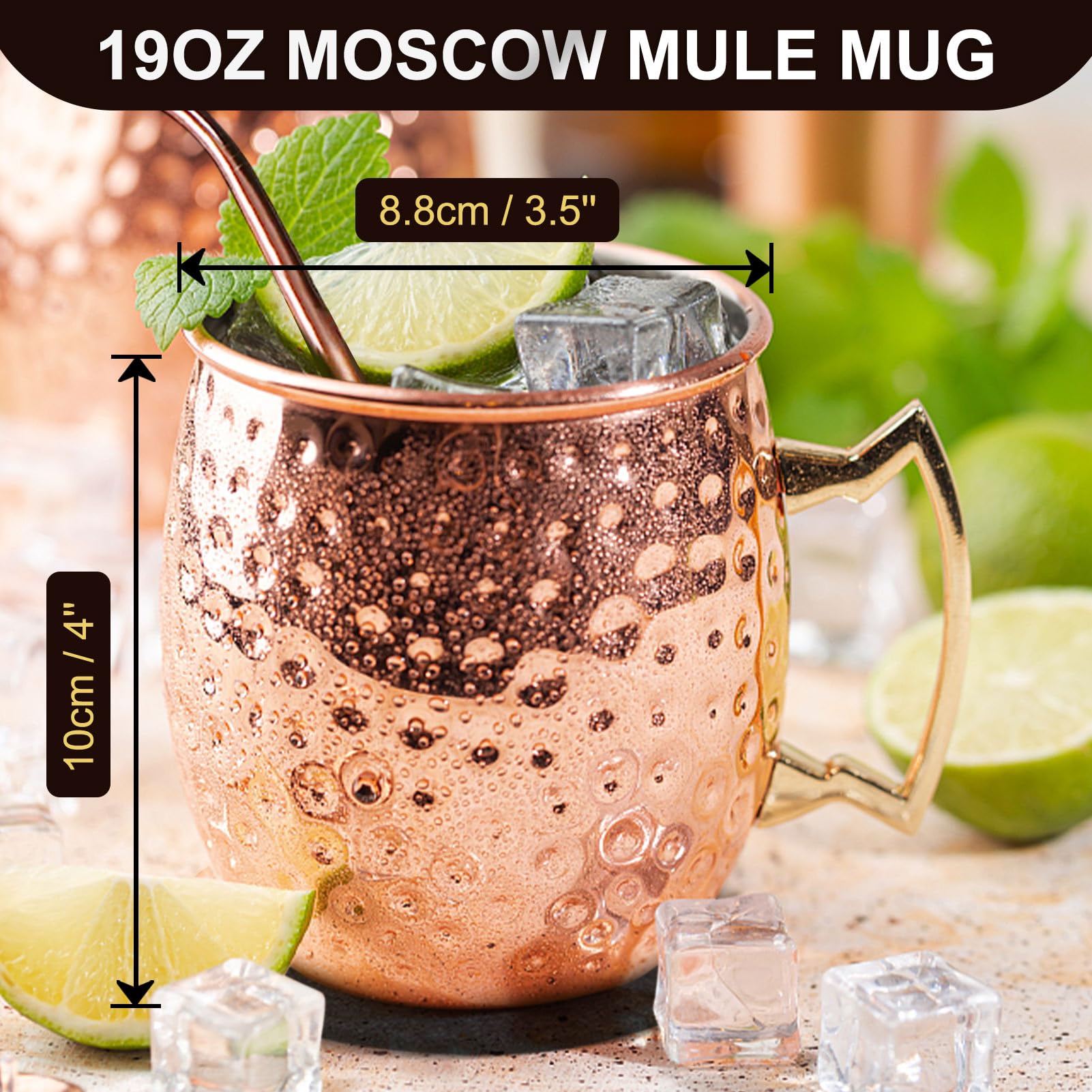 Verre Moscow Mule 4 Pièces, 19oz Tasse Cuivre avec Pailles Jigger Cadeau Set pour Bar, Fête (4)