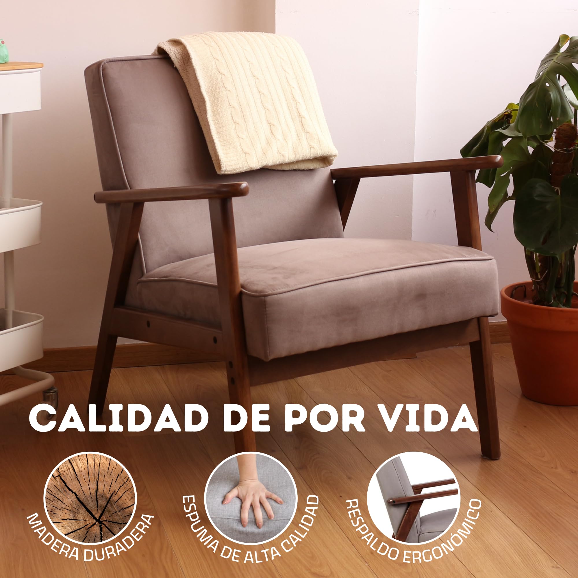 HOME DESIGN & CONFORT Butaca Roma Antimanchas de Estilo nórdico - Butacas de Salon Madera Maciza - Butaca Dormitorio (Beige/Nogal)