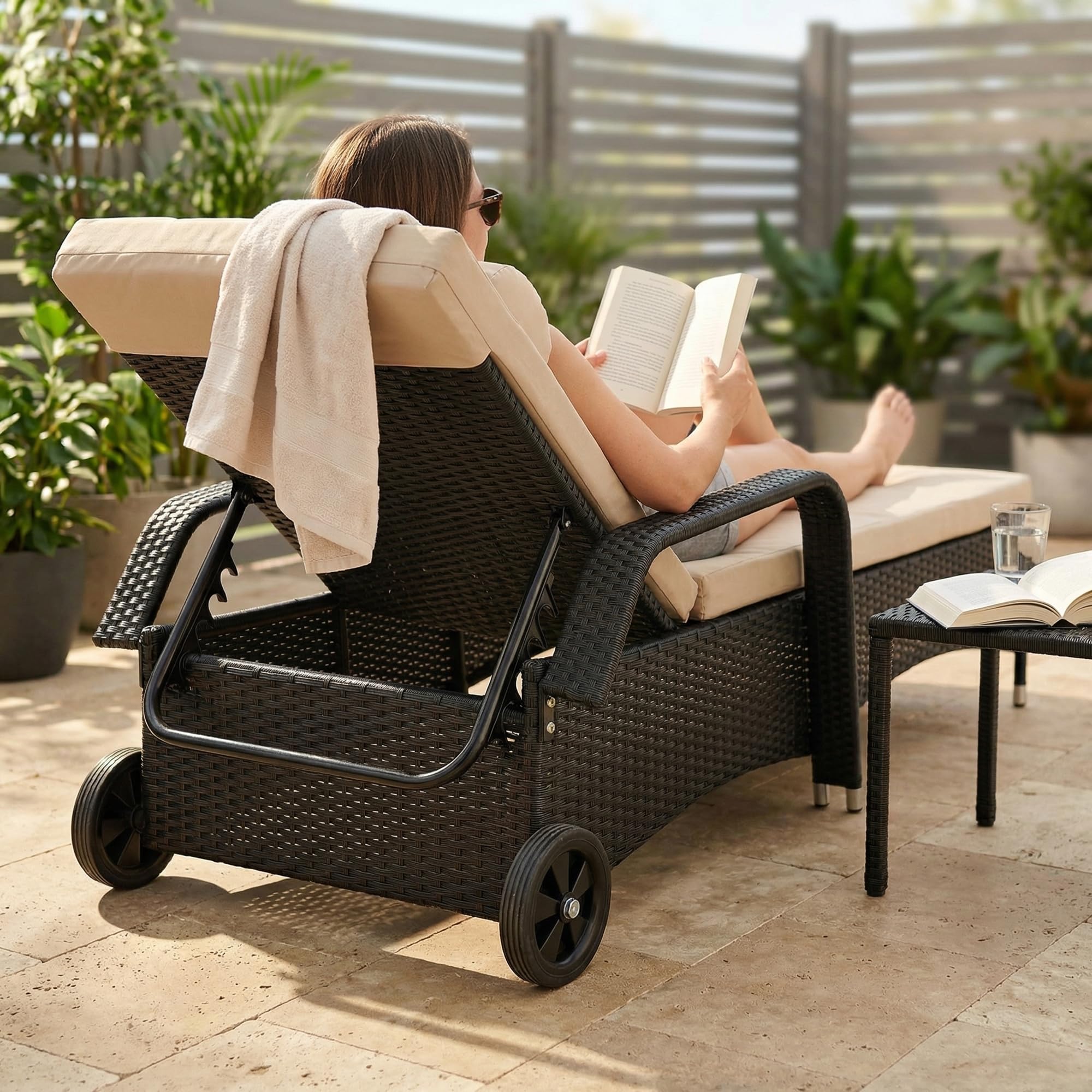 Mucola Sonnenliege mit Rollen Polyrattan – wetterfeste Rattanliege mit Verstellbarer Rückenlehne, Rollliege für Garten, Balkon & Terrasse – pflegeleicht, UV-beständig, mehrfach verstellbar