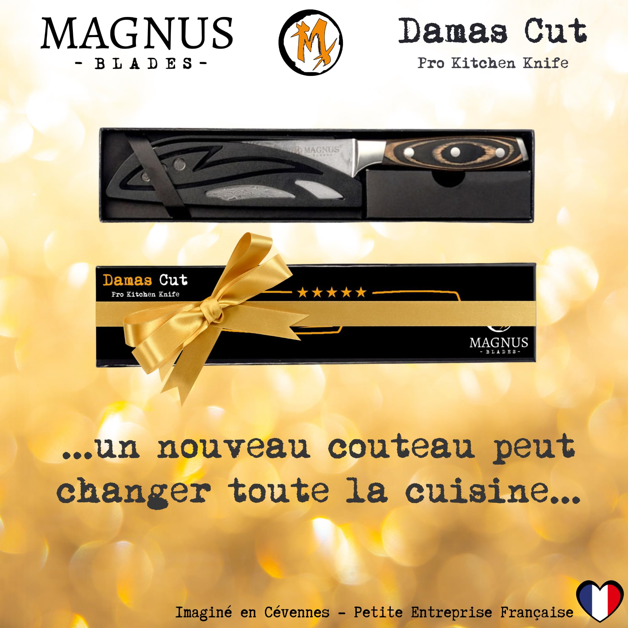 DAMAS CUT - Couteau de Chef Santoku - Véritable Lame Damas 18 cm Ultra Tranchante - Manche bois recyclé - Soie Pleine - Très Confortable - Polyvalent - Avec Etui De Protection - Enfin Un Cadeau Utile
