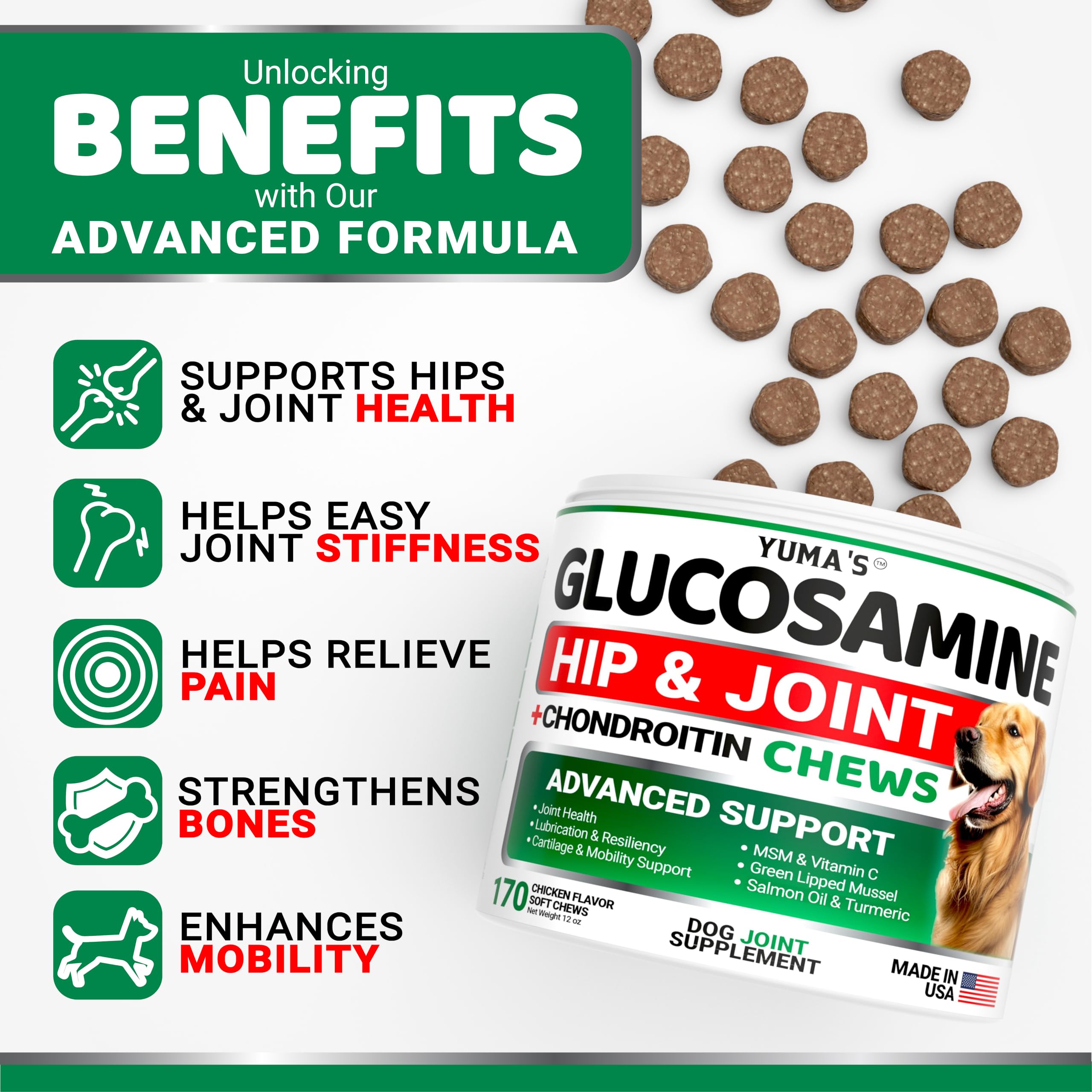 YUMA'S Glucosamine pour chiens - Supplément de hanche et articulation pour chiens - 170 CT - Glucosamine chondroïtine pour chiens à mâcher - Soulagement des douleurs articulaires pour chiens avec